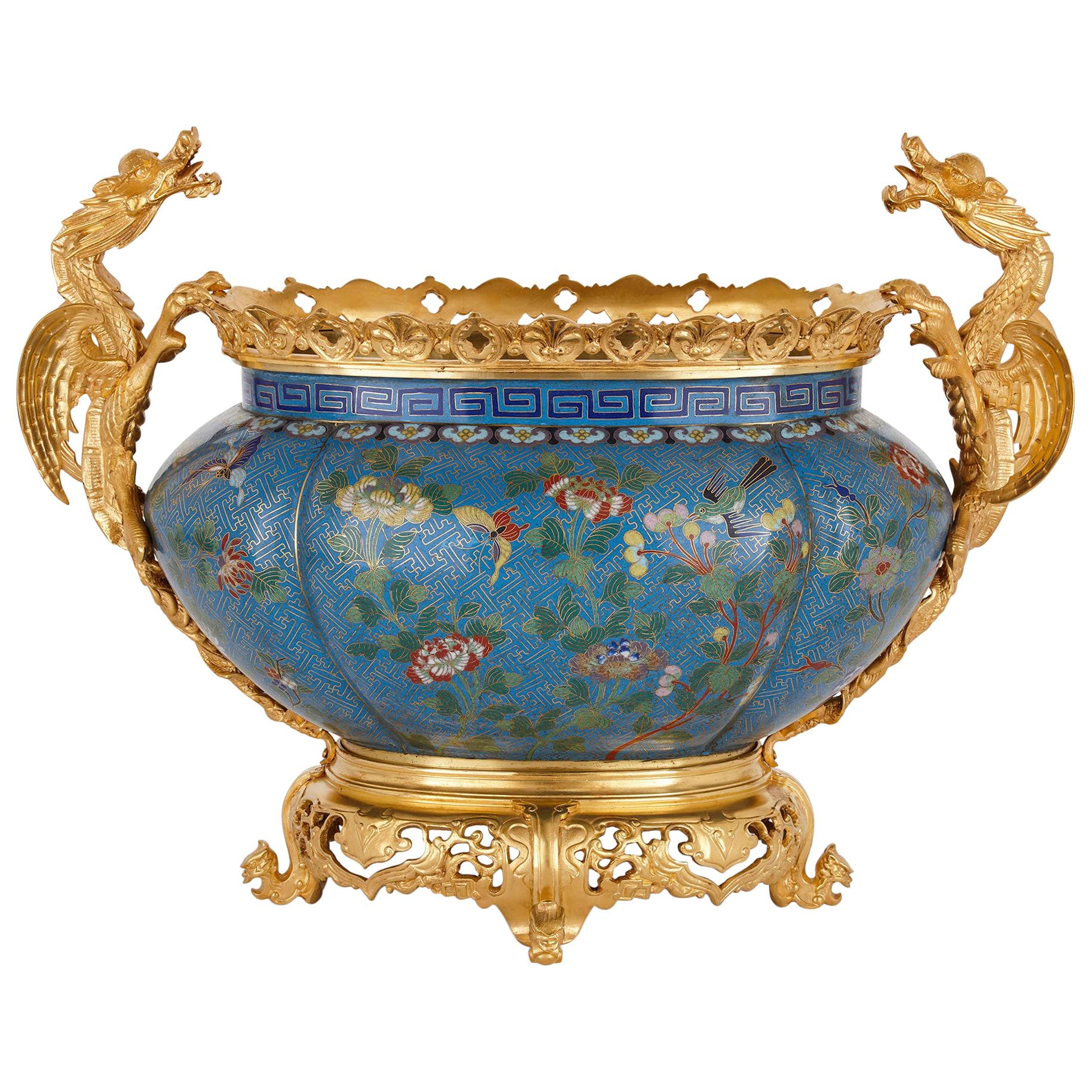 Chinese Enamel and French Gilt Bronze Chinoiserie Jardinière