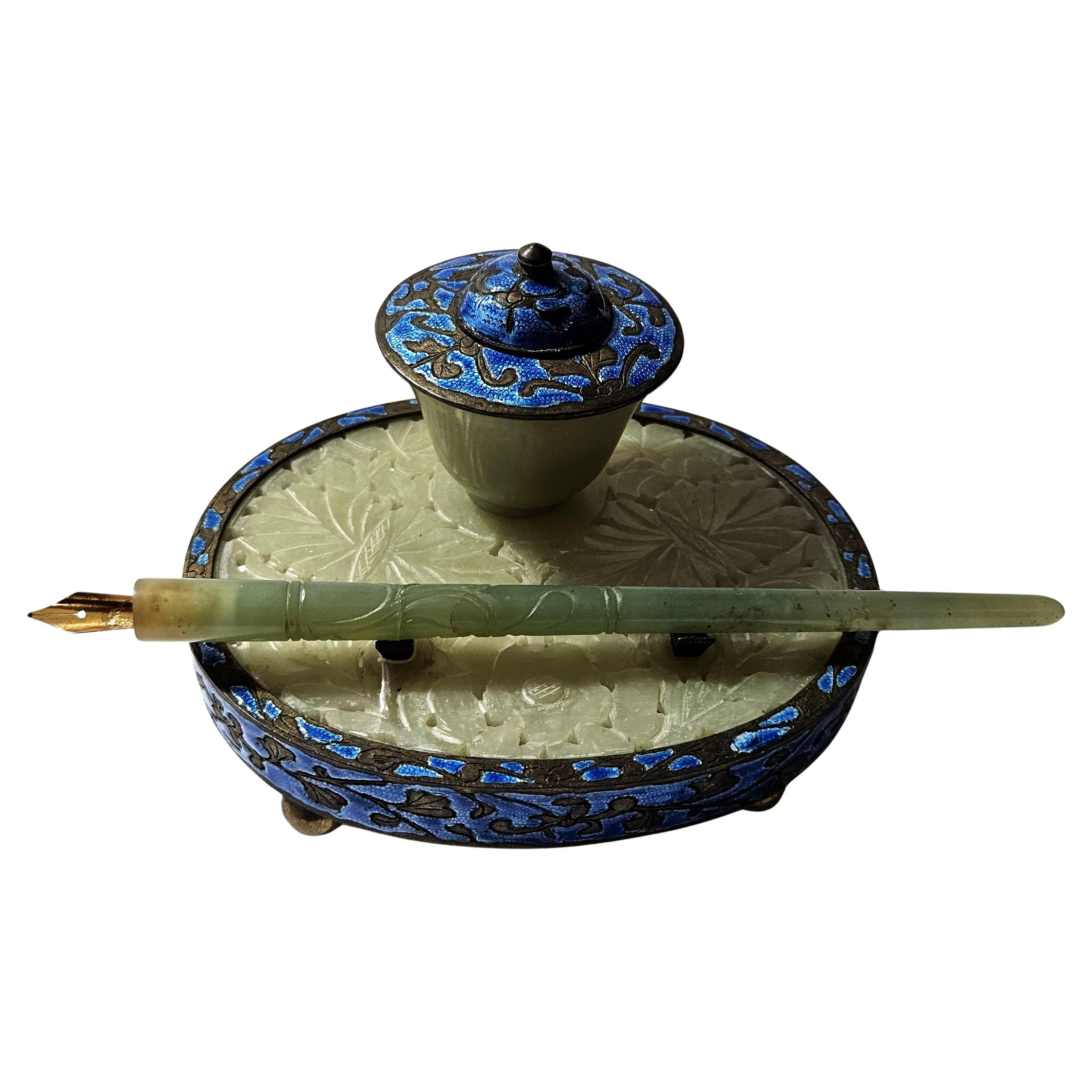 Chinese Enamel and Jade Inkwell with Pen, 19th/20th C. Ric#JD014 For Sale