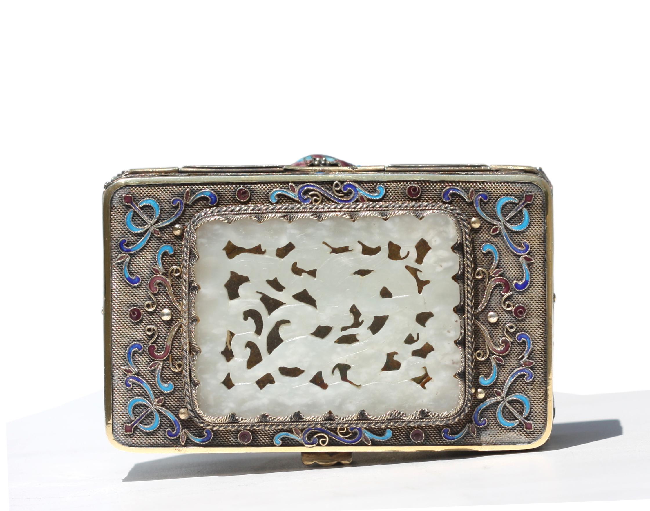 Chinese Enamel and White Jade Mounted Silver Box In Good Condition For Sale In West Palm Beach, FL