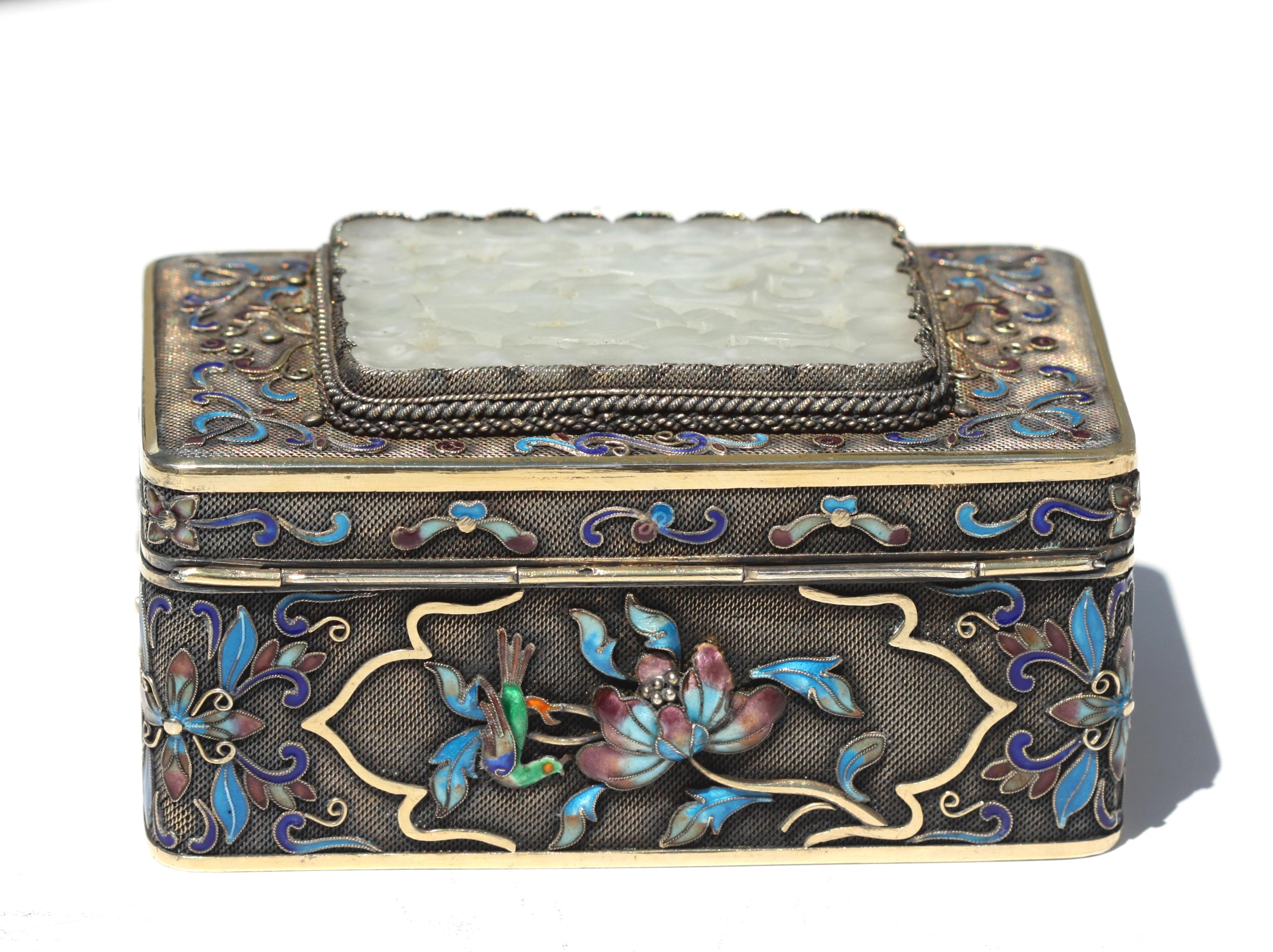 20th Century Chinese Enamel and White Jade Mounted Silver Box For Sale