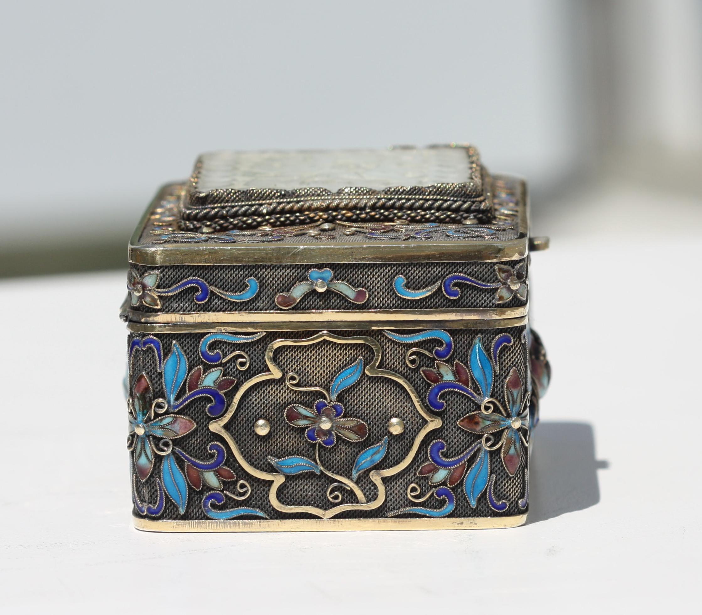 Chinese Enamel and White Jade Mounted Silver Box For Sale 2