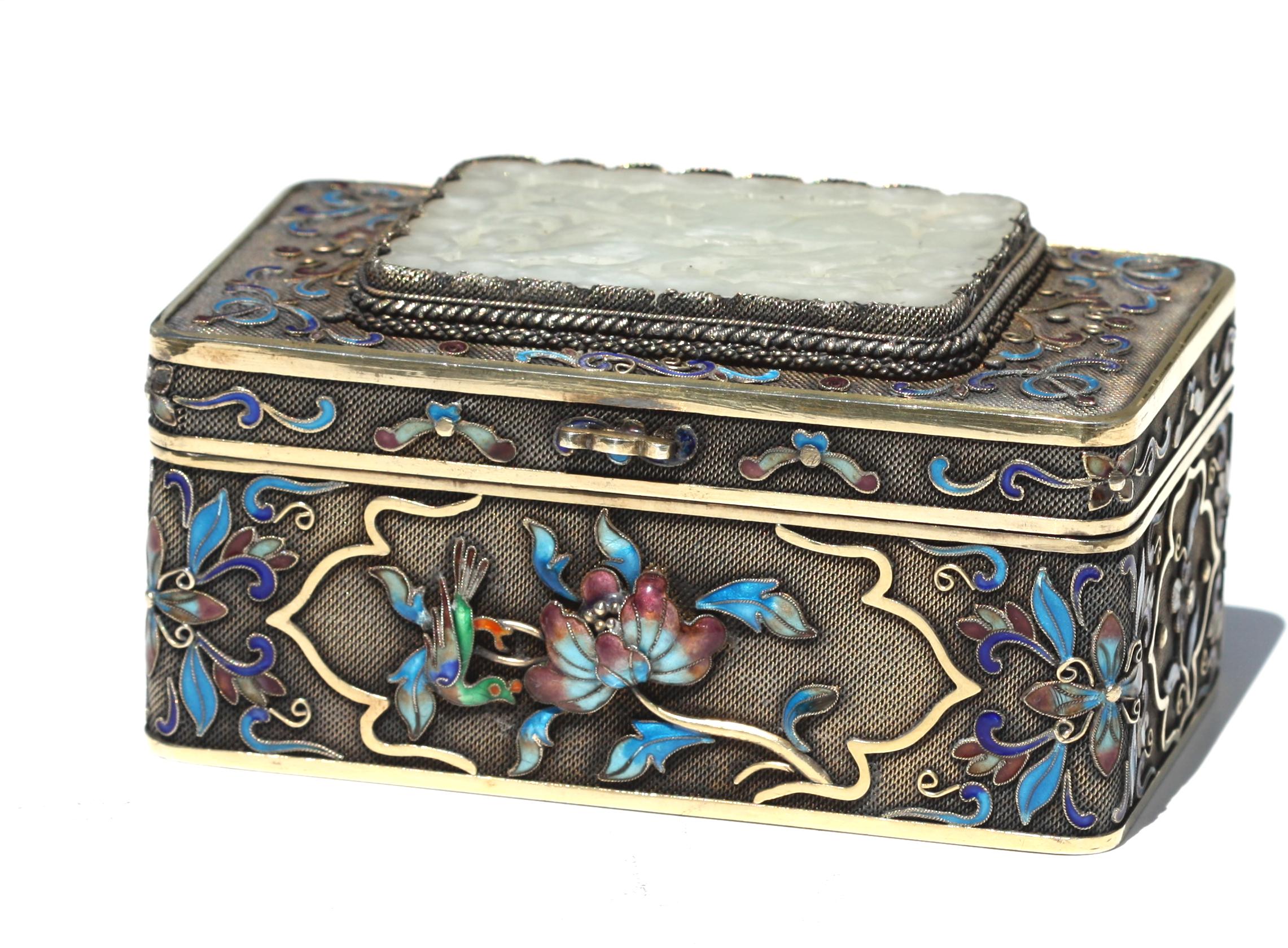 Chinese Enamel and White Jade Mounted Silver Box For Sale 3