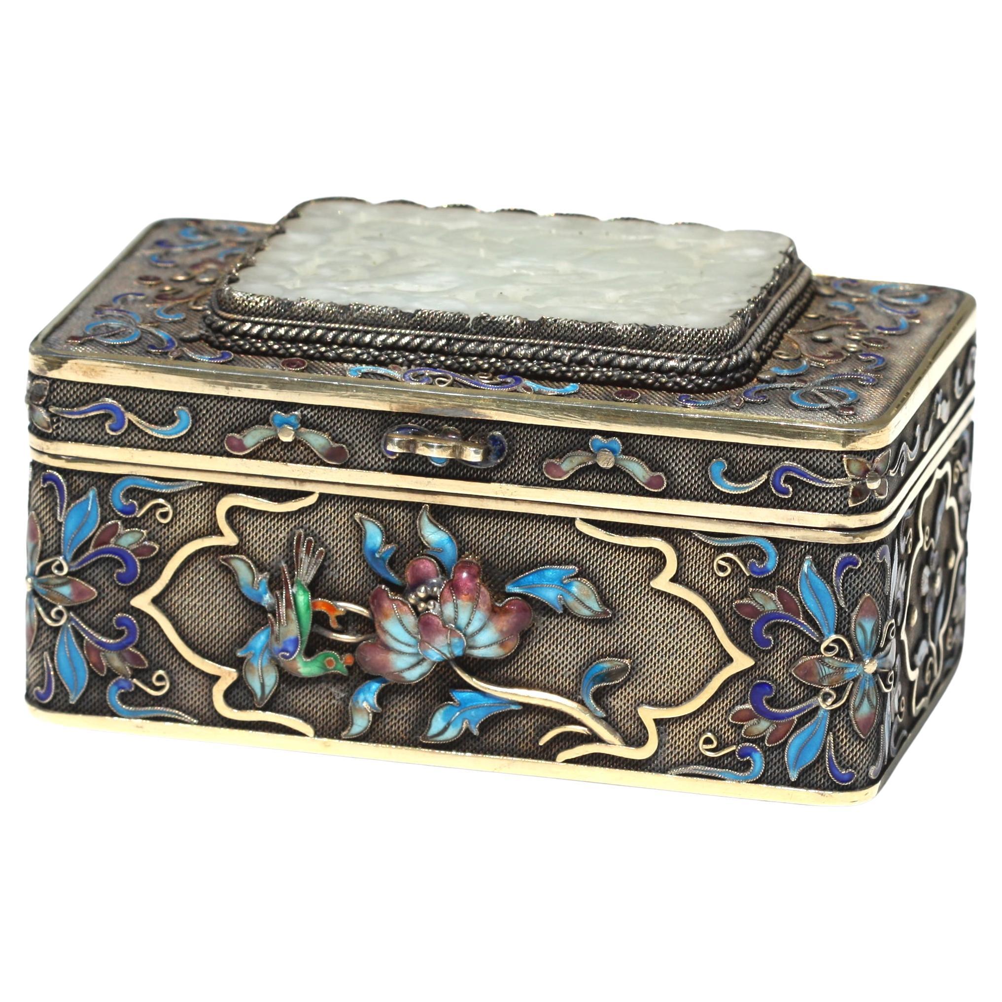 Chinese Enamel and White Jade Mounted Silver Box