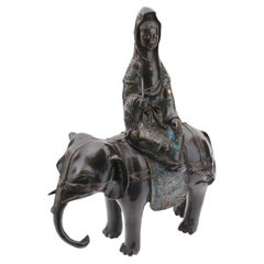 Antique Chinese Enamel Bronze Figure of Guanyin Elephant