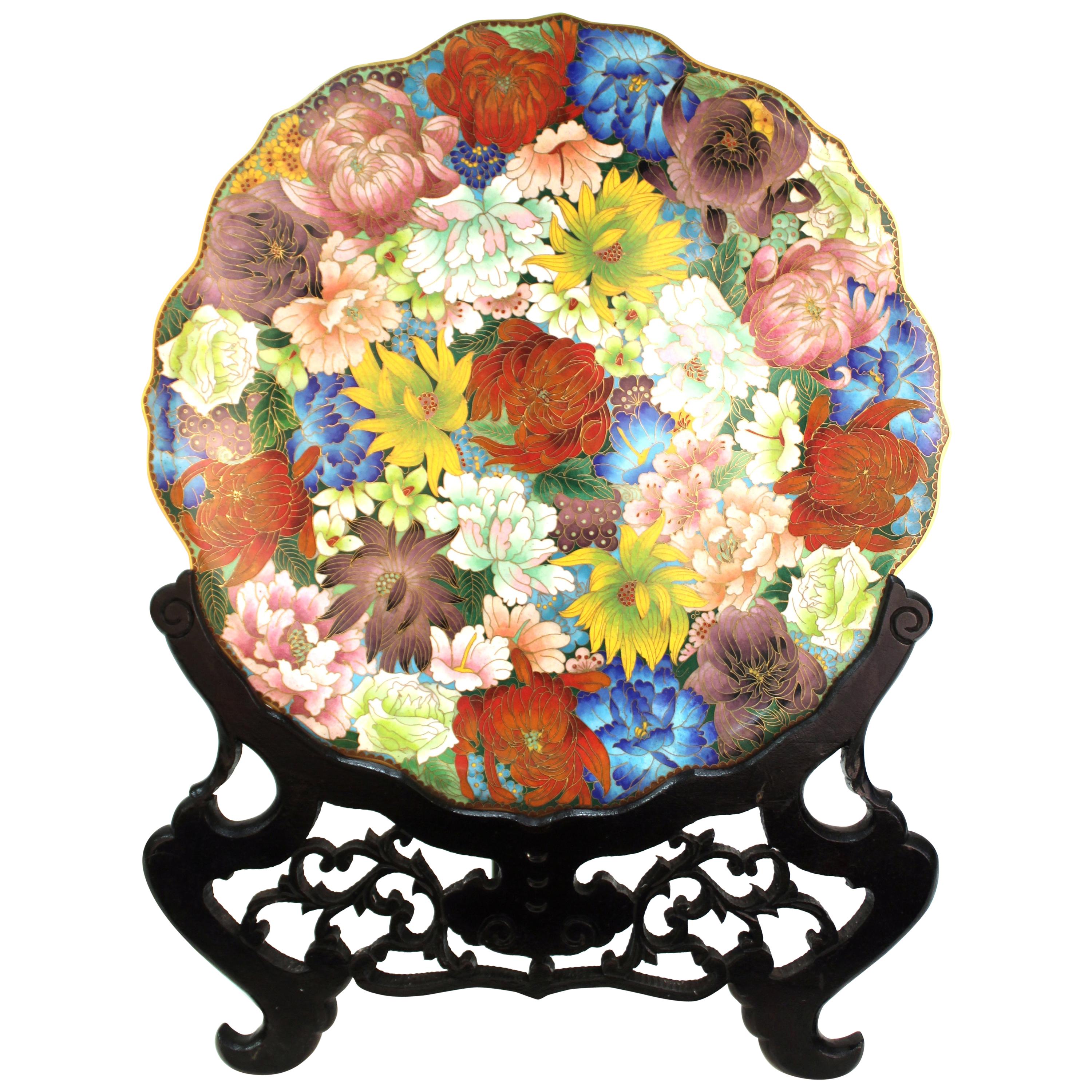 Chinese Enamel Cloisonné Charger with Multicolored Floral Motif For Sale