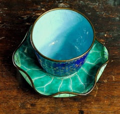 Chinese Enamel Cup in Lotus Leaf Stand, 18th Century