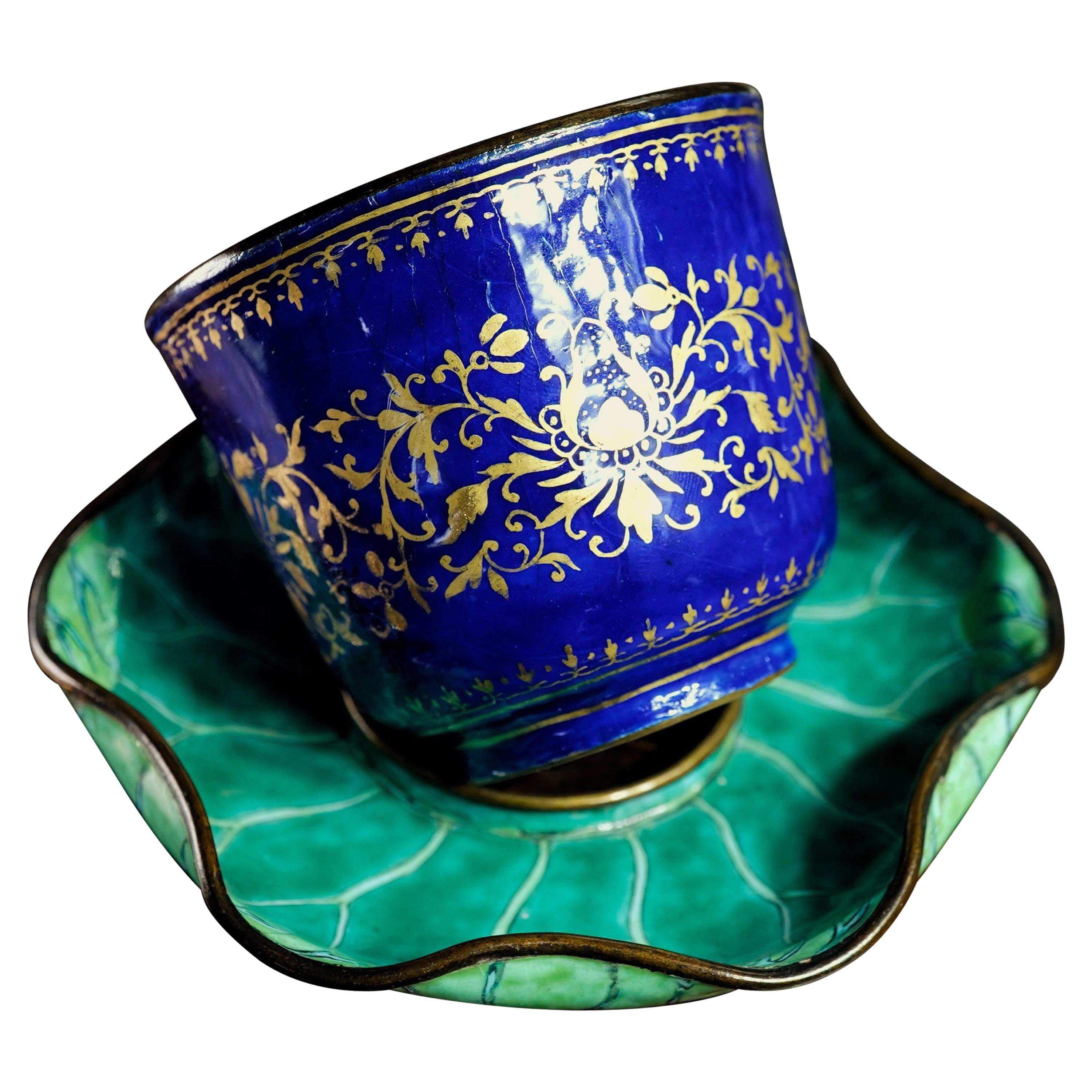 Chinese Enamel Cup in Lotus Leaf Stand, 18th Century For Sale