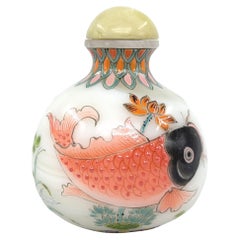 Chinese Enamel On Swirl Glass Snuff Bottle Carps Koi Fish Lotus Jade Stopper 20c