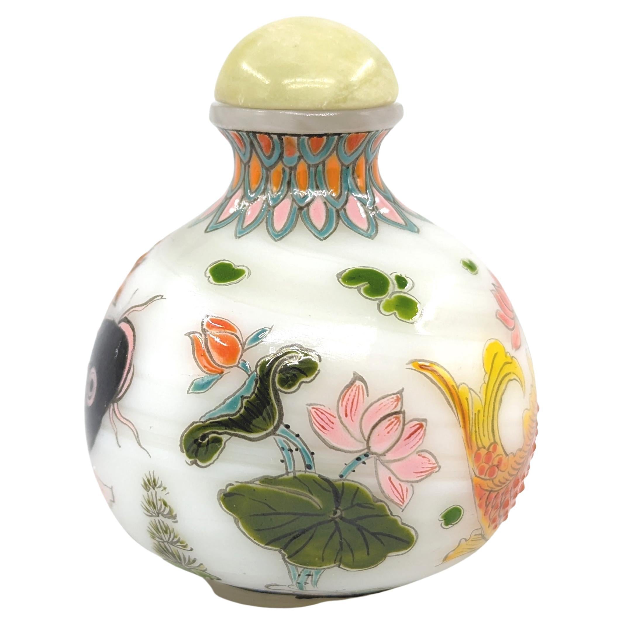 Qing Chinese Enamel On Swirl Glass Snuff Bottle Carps Koi Fish Lotus Jade Stopper 20c For Sale