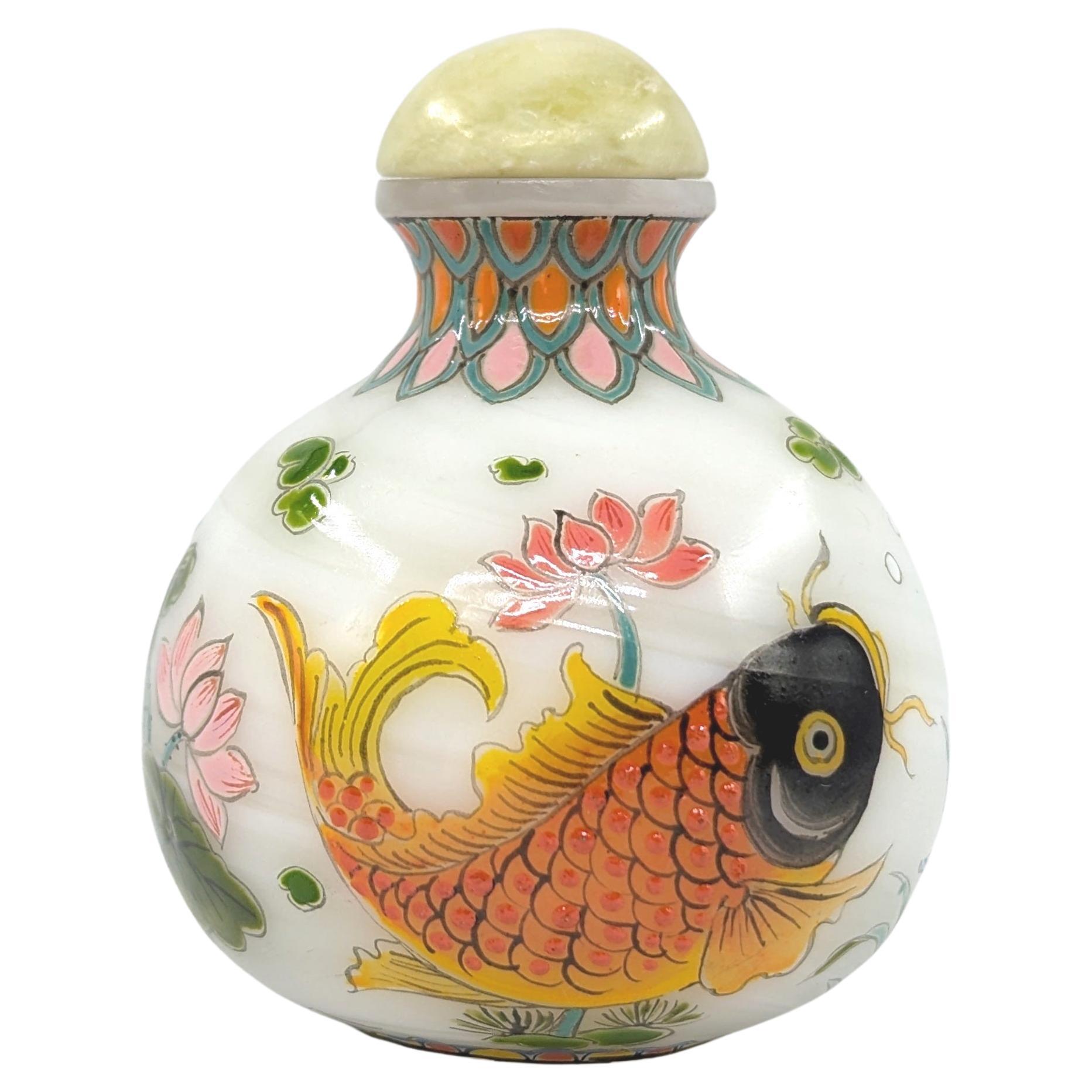 Enameled Chinese Enamel On Swirl Glass Snuff Bottle Carps Koi Fish Lotus Jade Stopper 20c For Sale