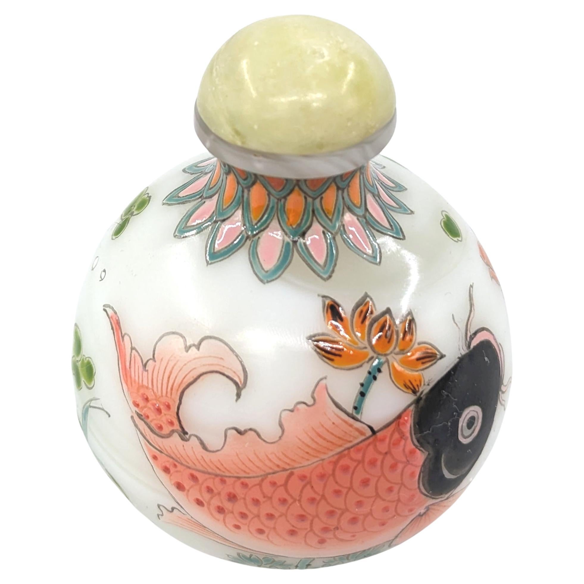 20th Century Chinese Enamel On Swirl Glass Snuff Bottle Carps Koi Fish Lotus Jade Stopper 20c For Sale