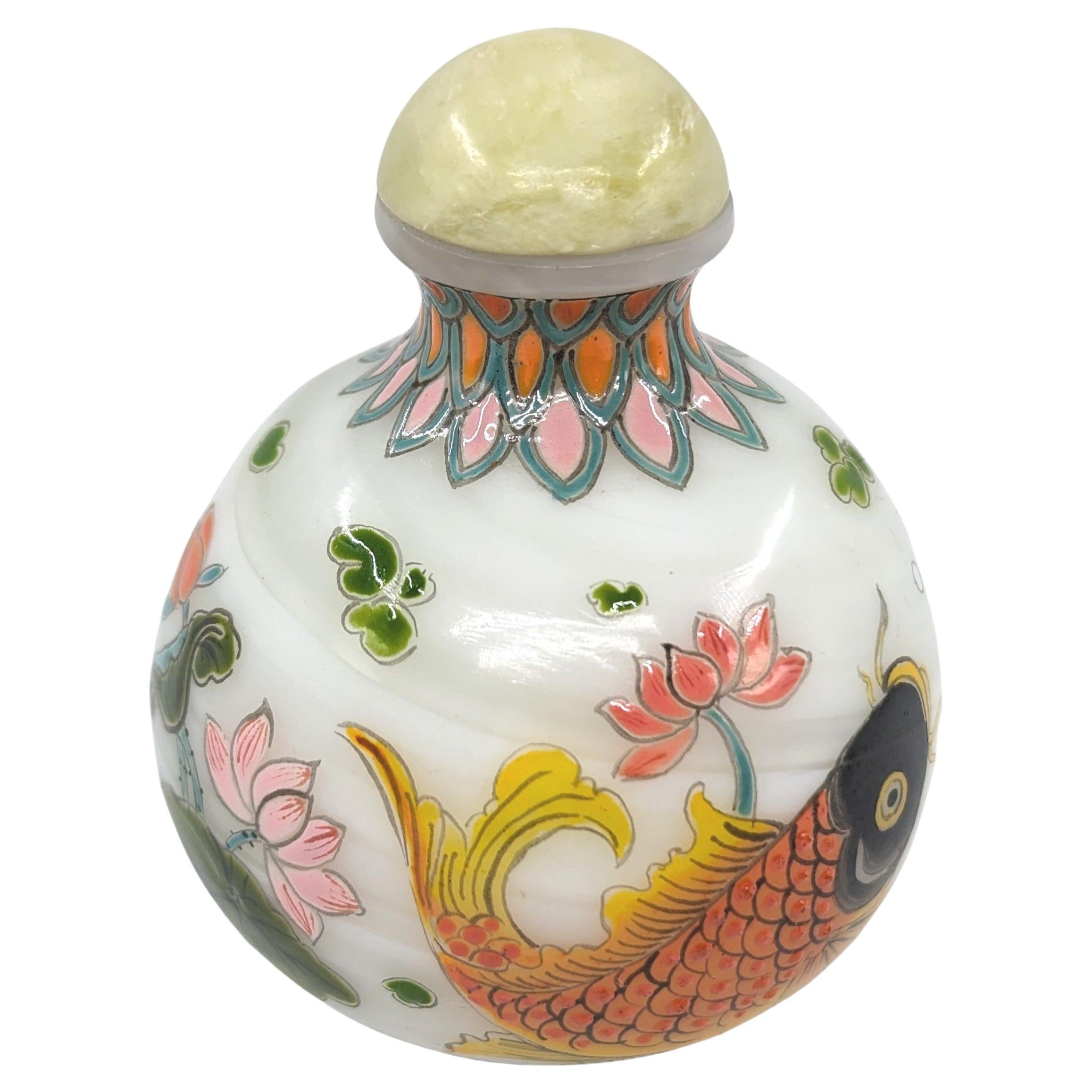 Milk Glass Chinese Enamel On Swirl Glass Snuff Bottle Carps Koi Fish Lotus Jade Stopper 20c For Sale