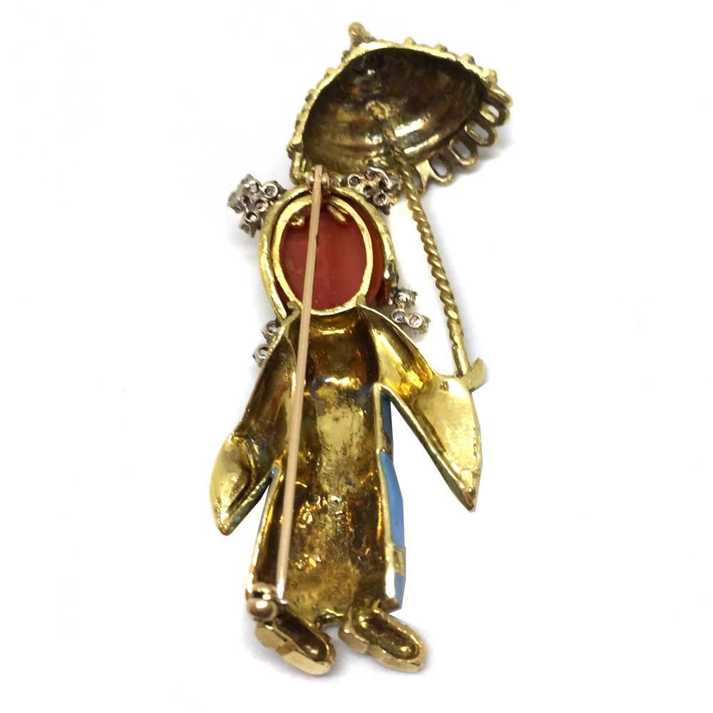 Chinese Umbrella Doll Coral Turquoise Enamel Gold Brooch
Size is
3'' x 1/5 ''