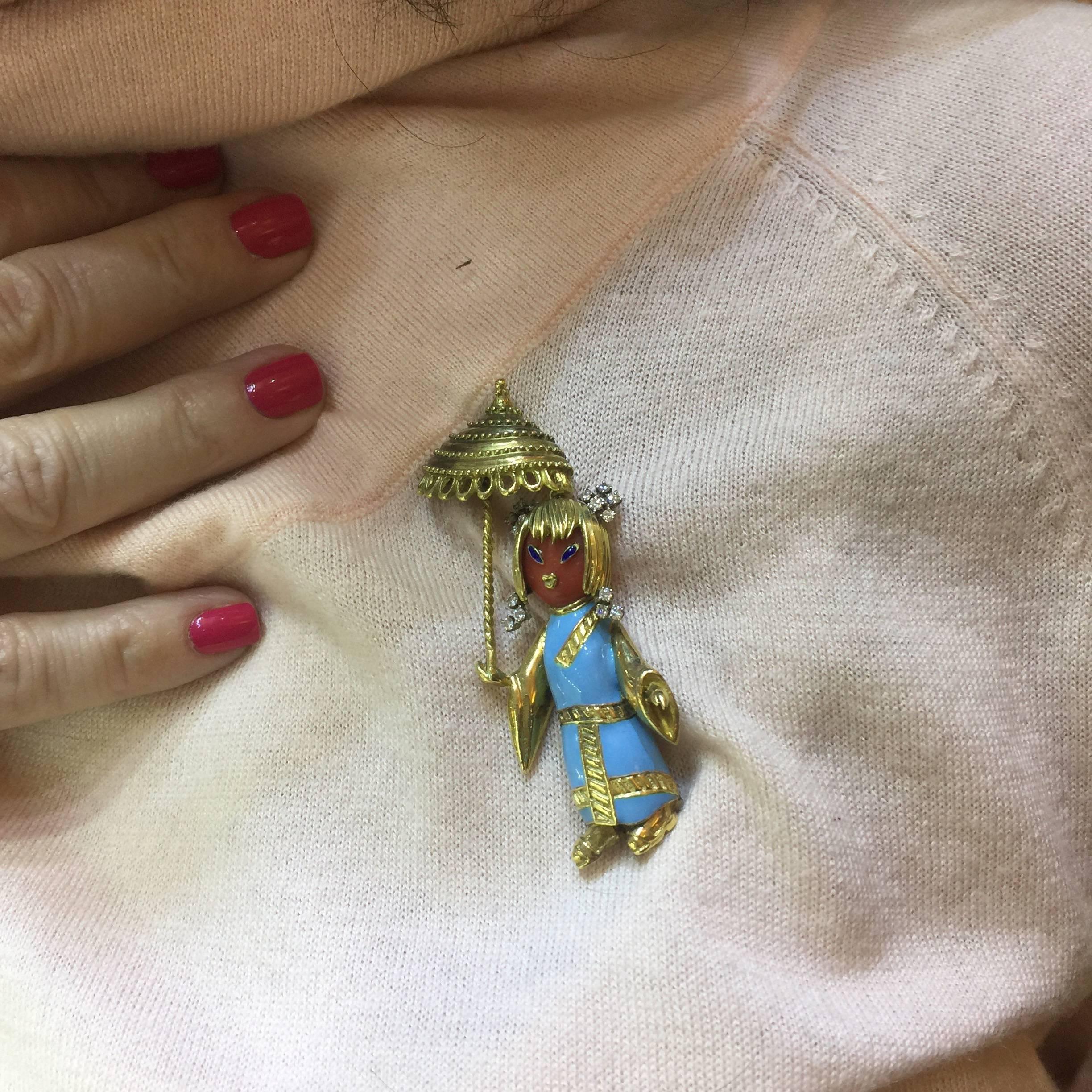 Contemporary Chinese Umbrella Doll Coral Diamond Turquoise Enamel Gold Brooch