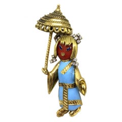 Chinese Umbrella Doll Coral Diamond Turquoise Enamel Gold Brooch