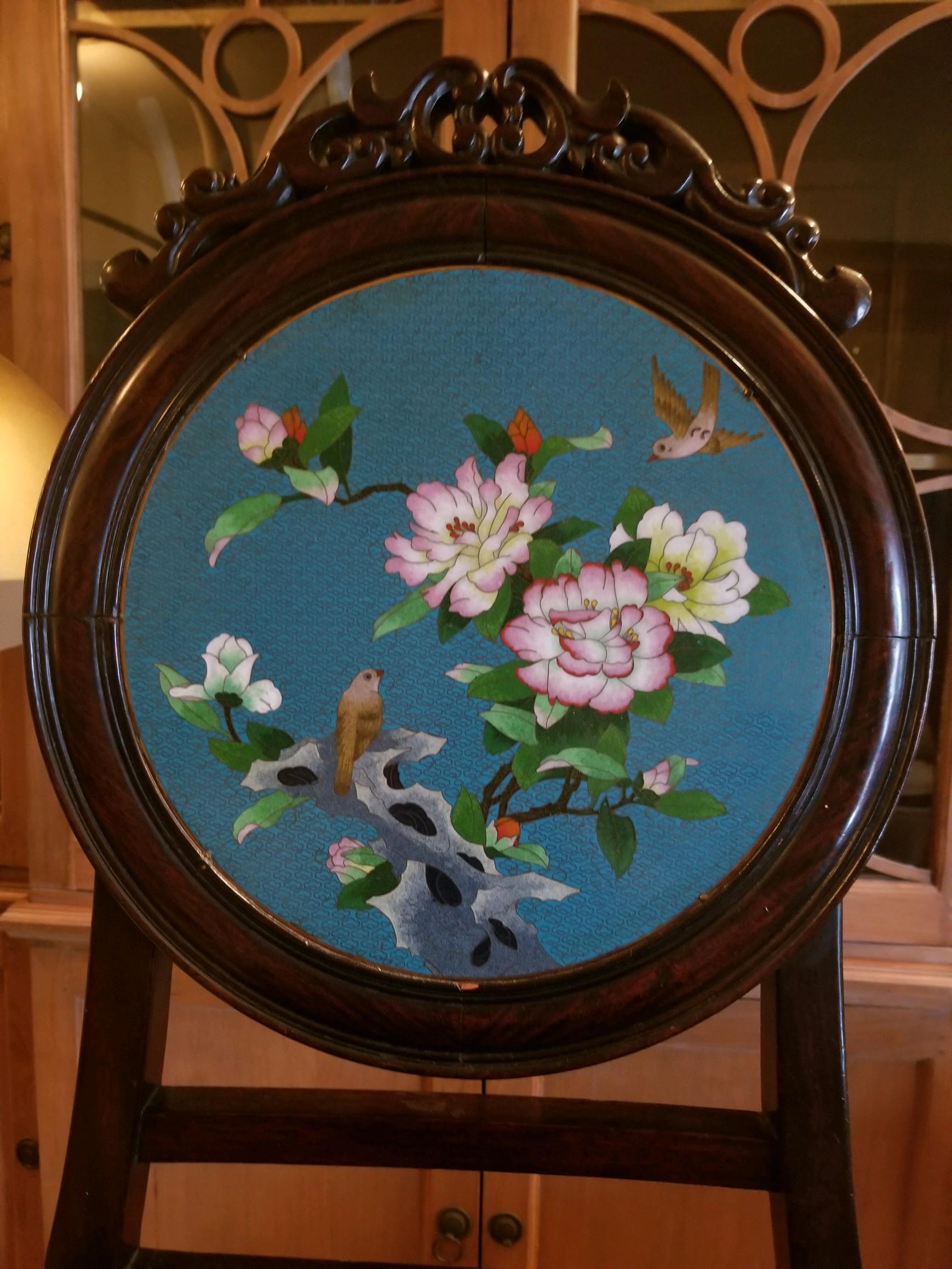 Chinese enameled back hall chair. Age unknown, but a spectacular piece. The enameling has metal framing and a wonderful floral scene with a Classic blue back ground. Use anywhere, dressing room, Entry hall or as pull up chair for dining. I love when