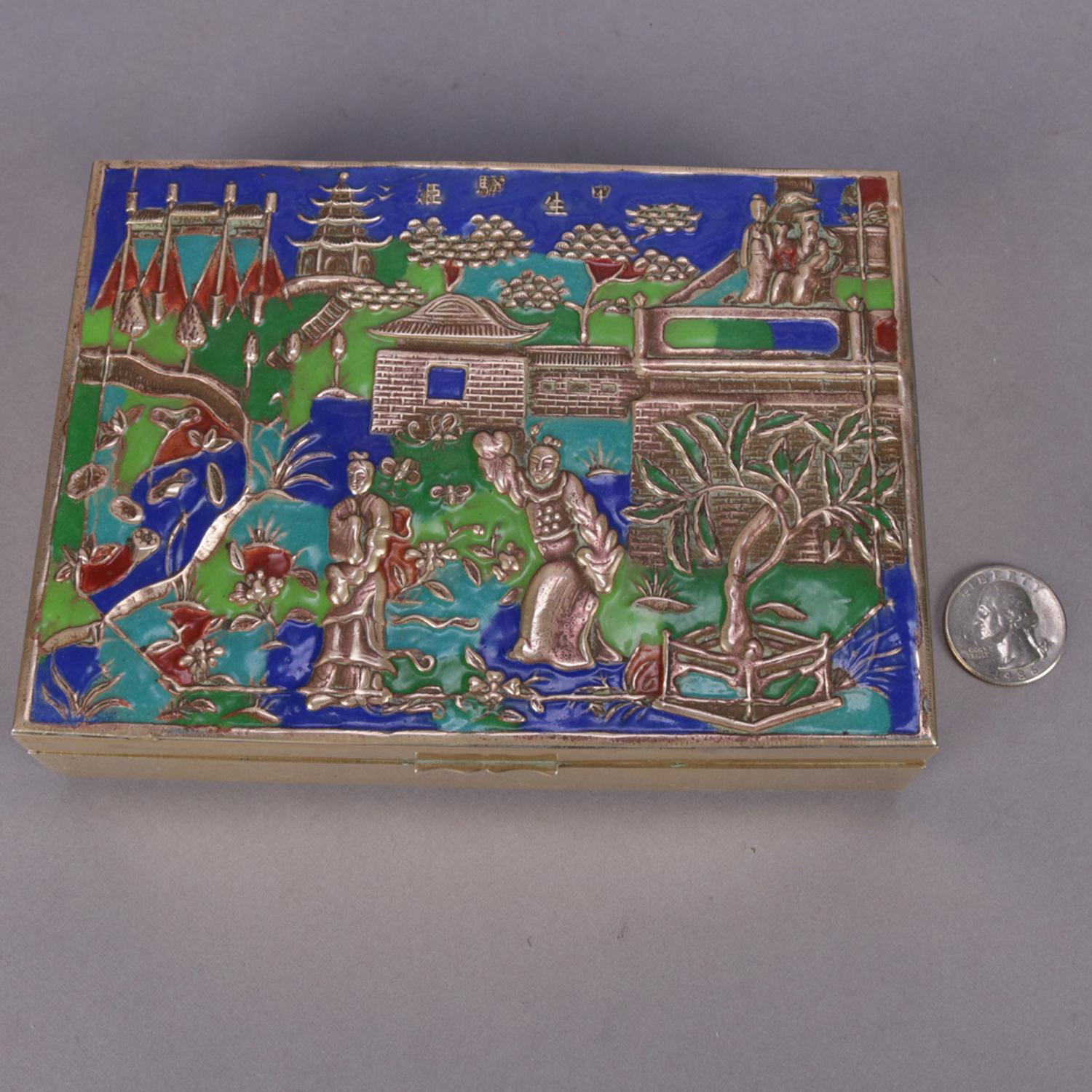 Chinese Enameled Brass Pictorial Footed Dresser Box, Courting Scene 3