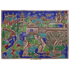 Chinese Enameled Brass Pictorial Footed Dresser Box, Courting Scene