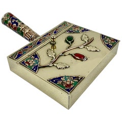 Chinese Brass Silent Butler with Handle in Jewel Toned Enamels