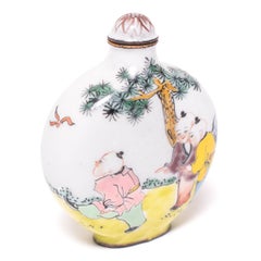 Chinese Enameled Copper Snuff Bottle with Boys Playing