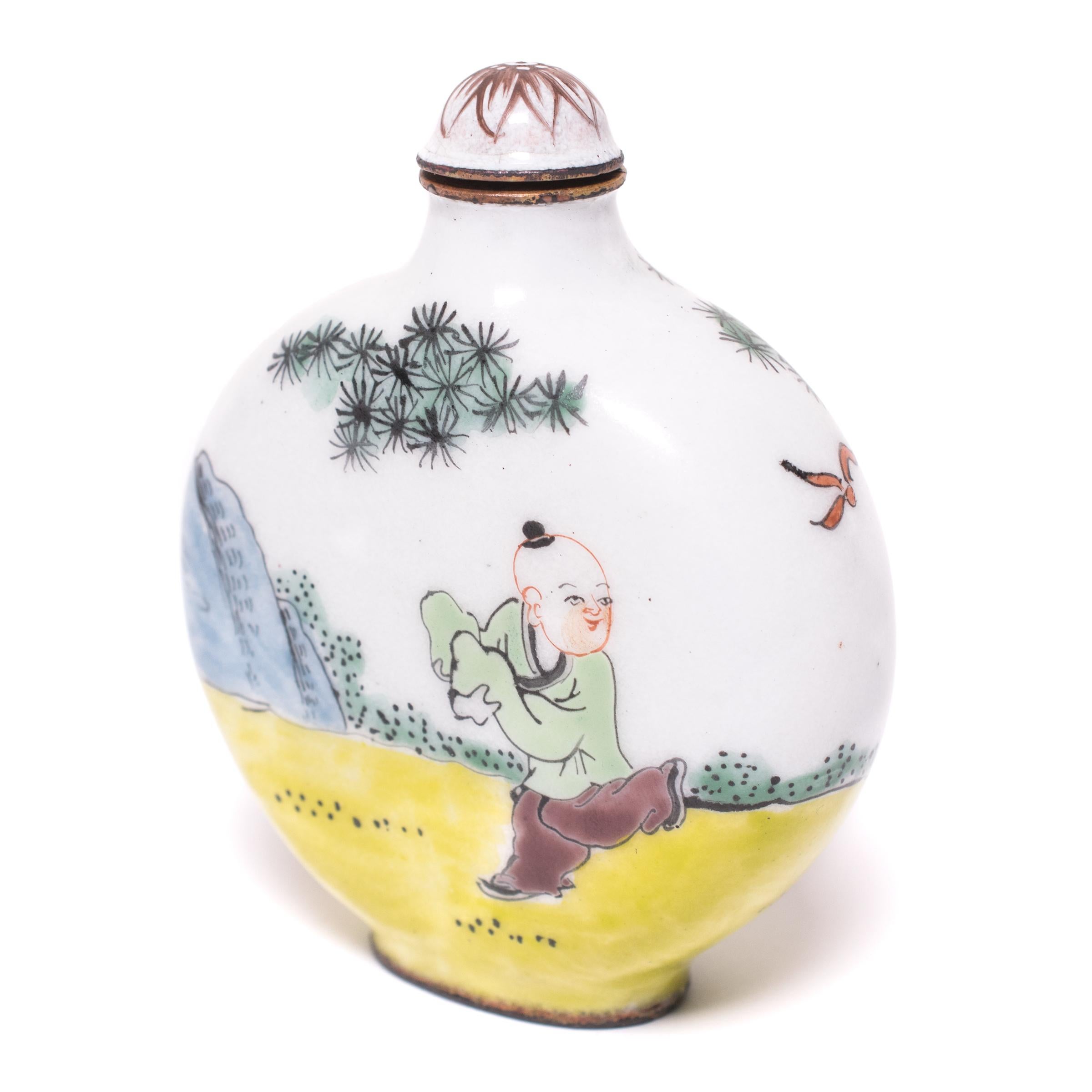 Qing Chinese Enameled Copper Snuff Bottle with Boys Playing