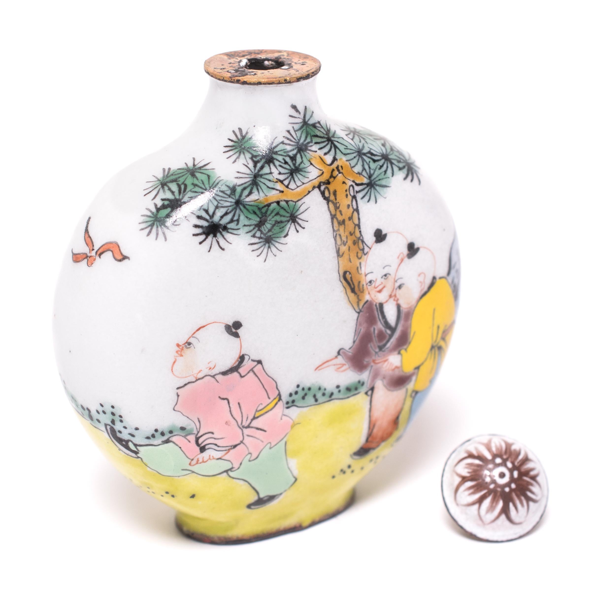 20th Century Chinese Enameled Copper Snuff Bottle with Boys Playing