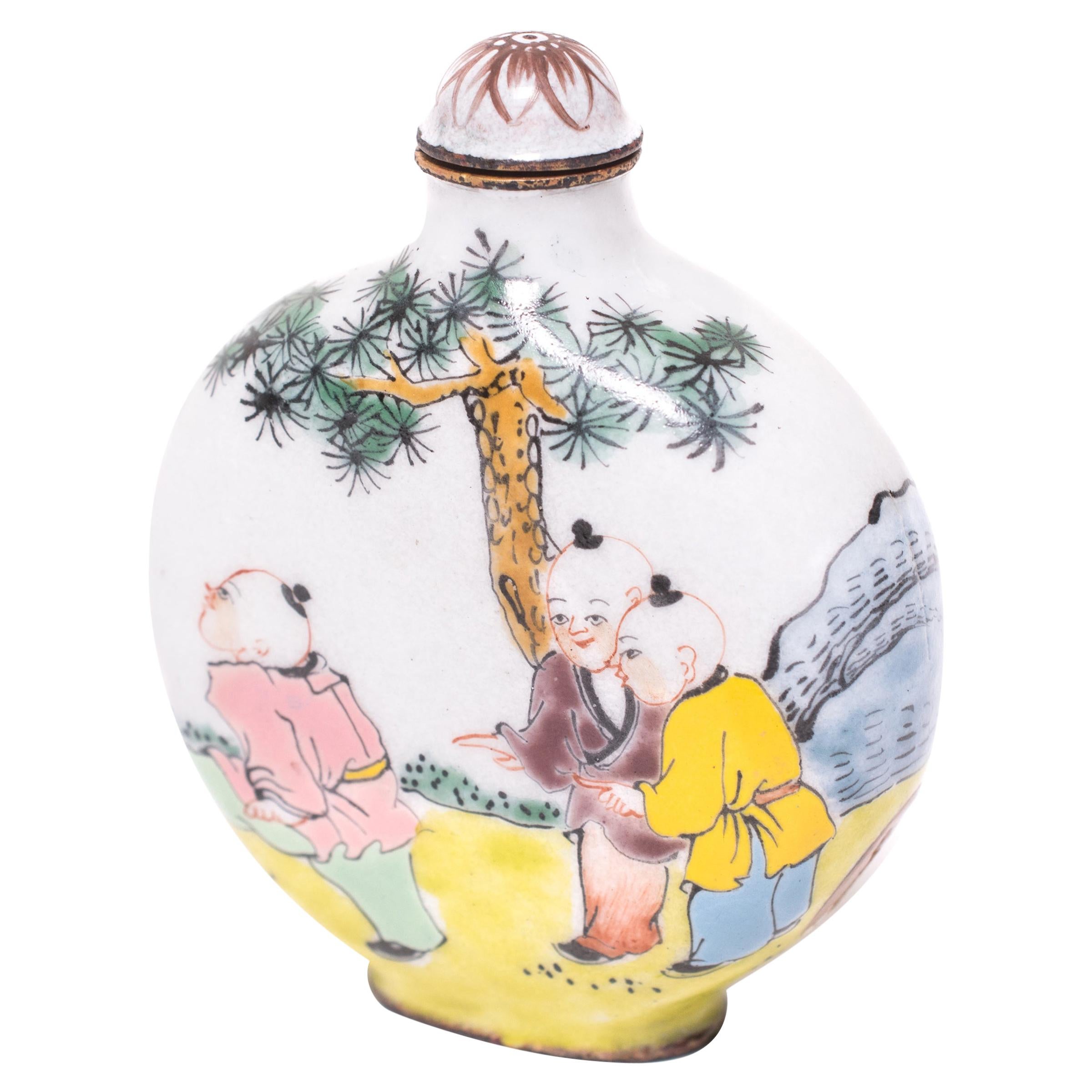 Chinese Enameled Copper Snuff Bottle with Boys Playing