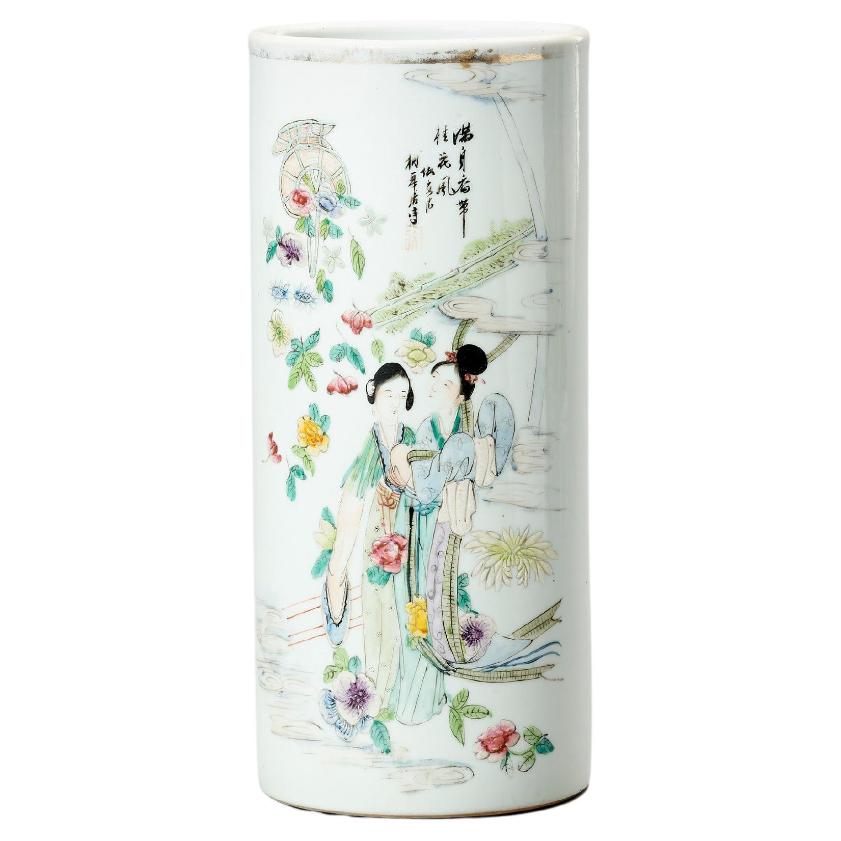 Chinese Enameled Cylindrical Porcelain Vase, 1900-1920 For Sale