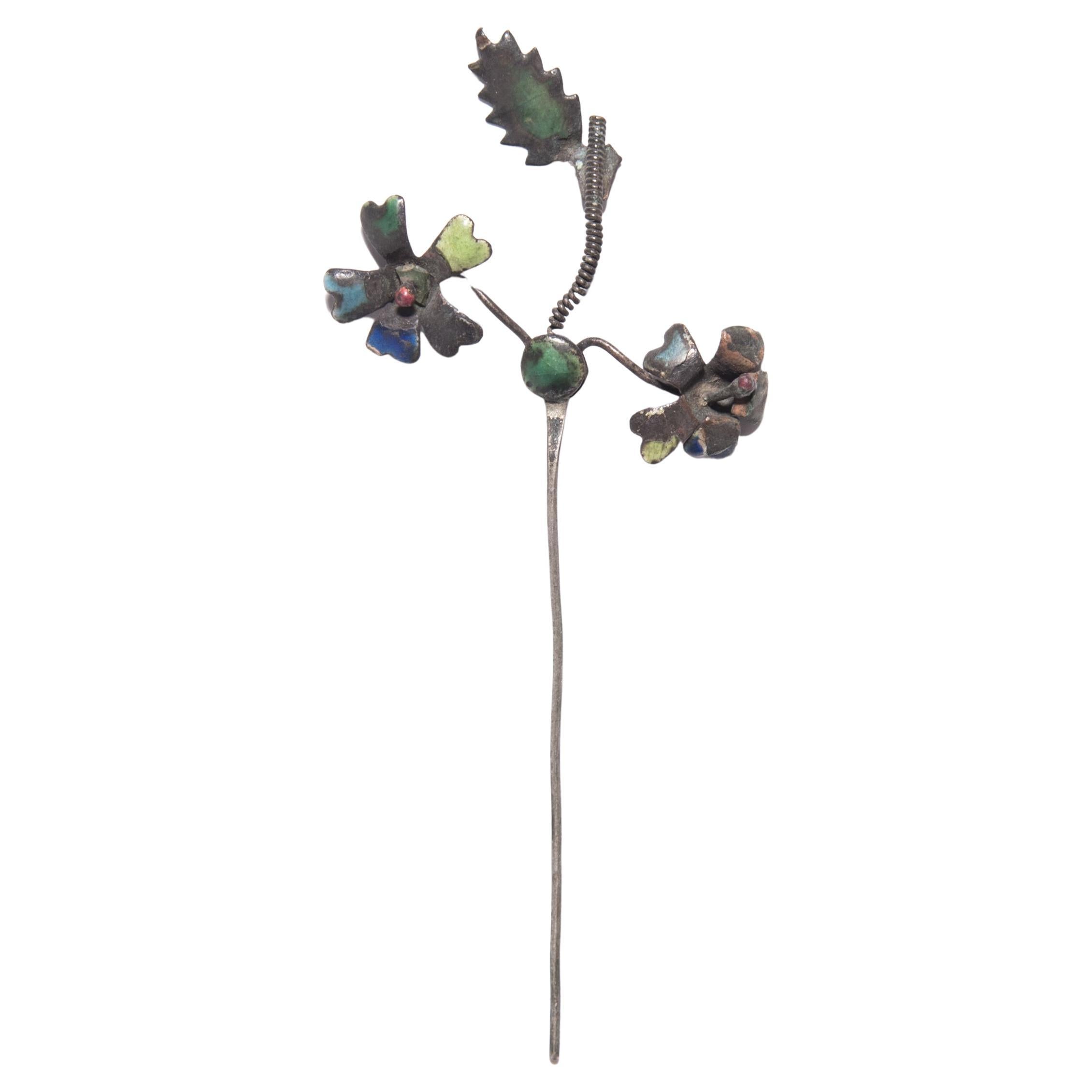 Chinese Enameled Floral Hairpin, C. 1900
