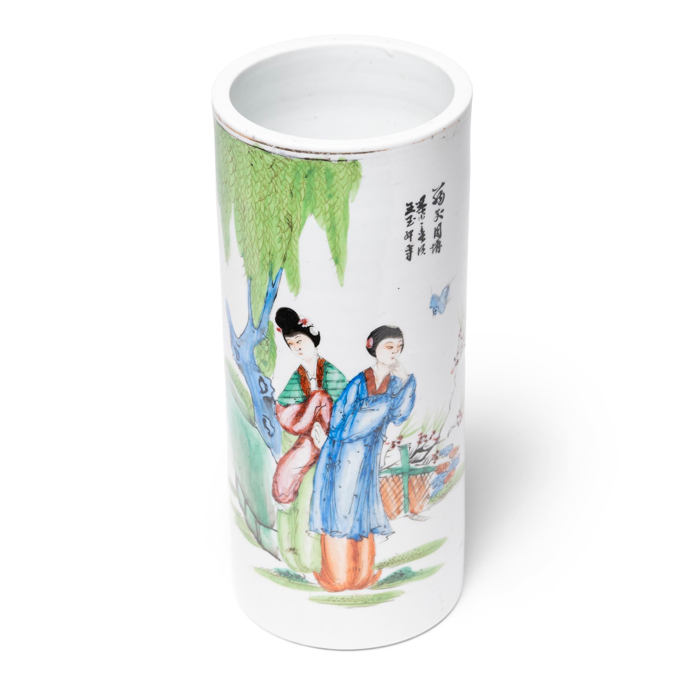 Qing Chinese Enameled Hat Stand with Two Women, c. 1900 For Sale
