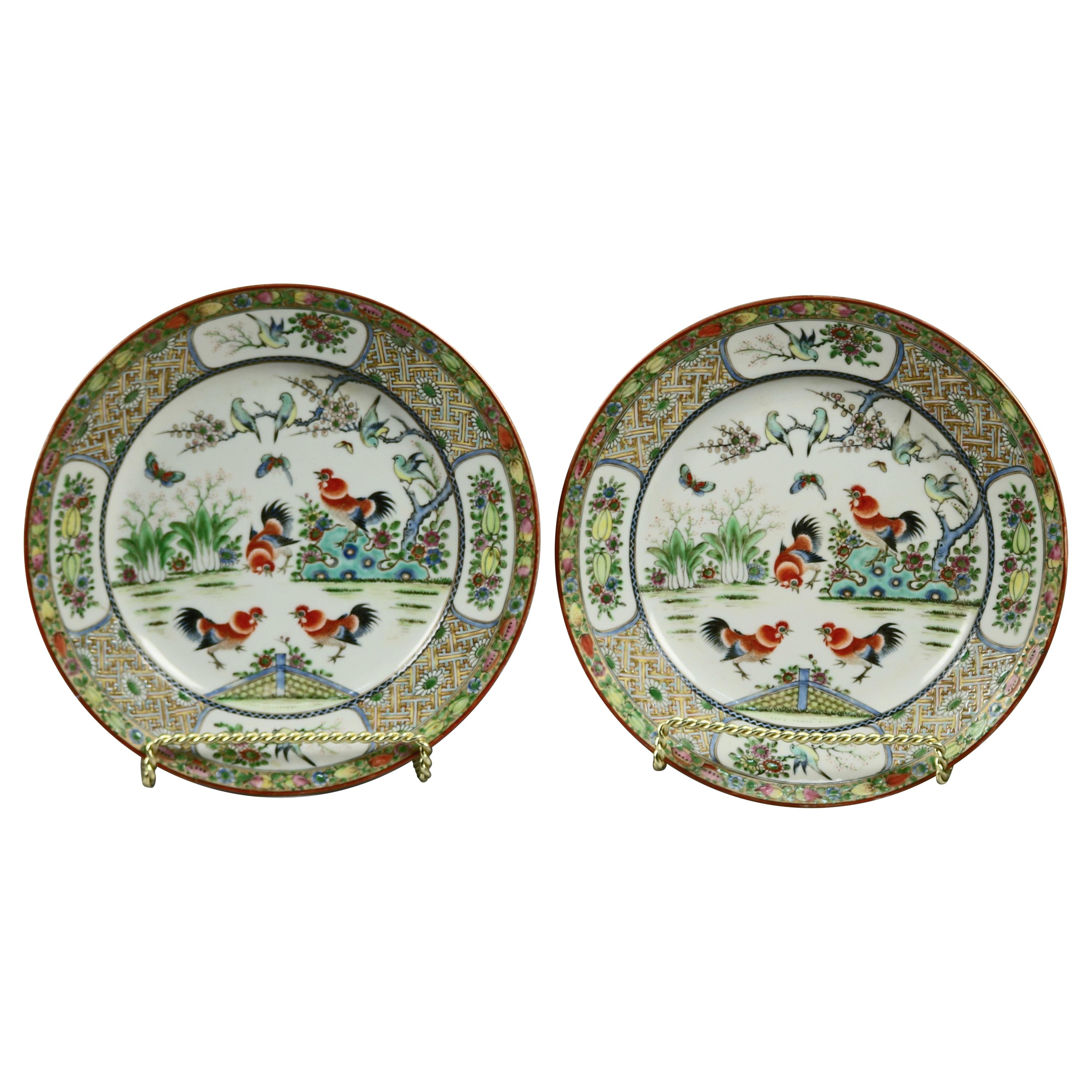 Chinese Enameled Imari Pictorial Rooster & Garden Scene Porcelain Plates