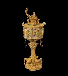 Chinese Enameled & Jeweled Gilt Silver Filigree Work Potpourri Urn, Circa 1900