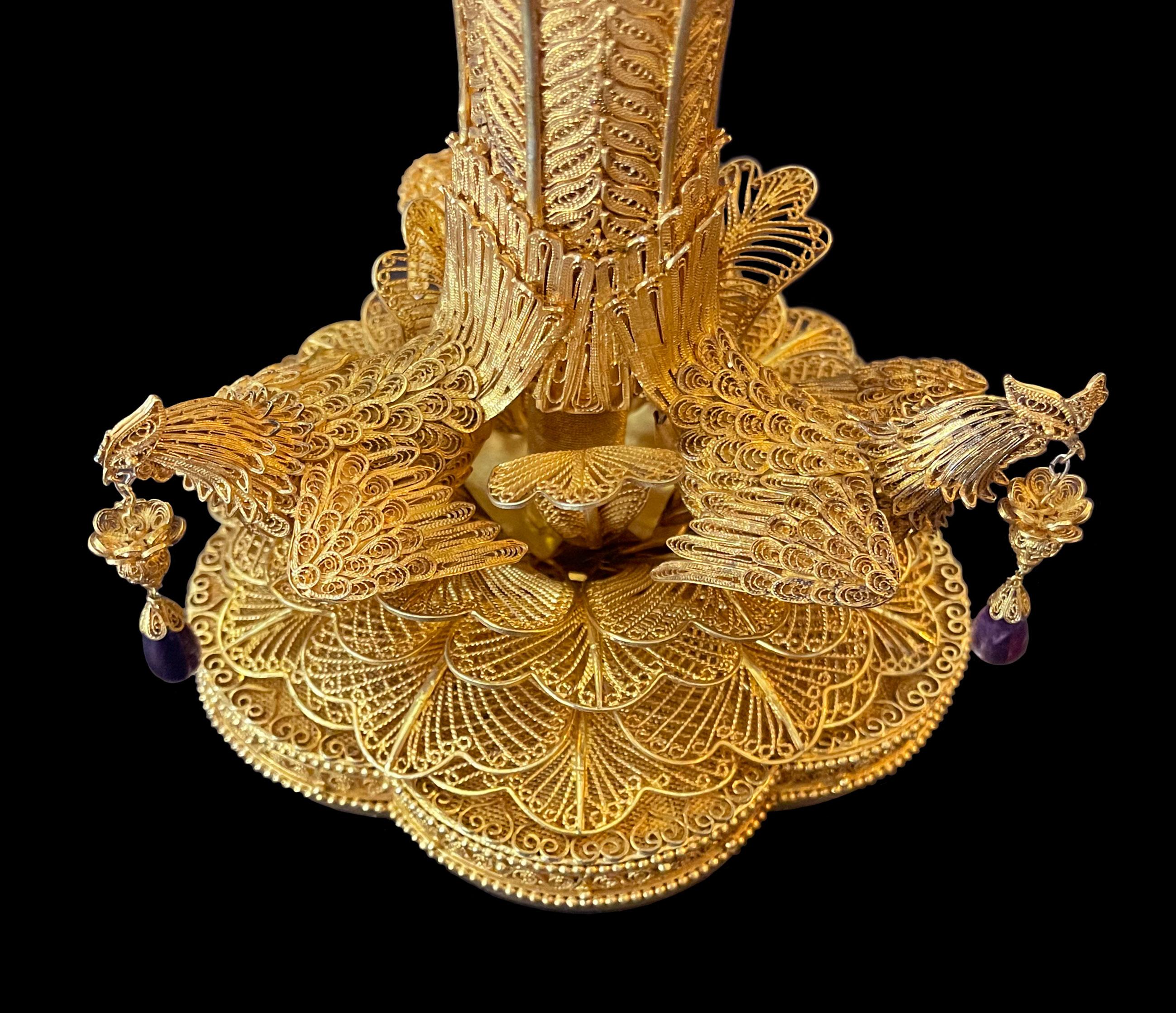 Chinese Enameled & Jeweled Gilt Silver Filigree Work Potpourri Urn, Circa 1900 For Sale 4