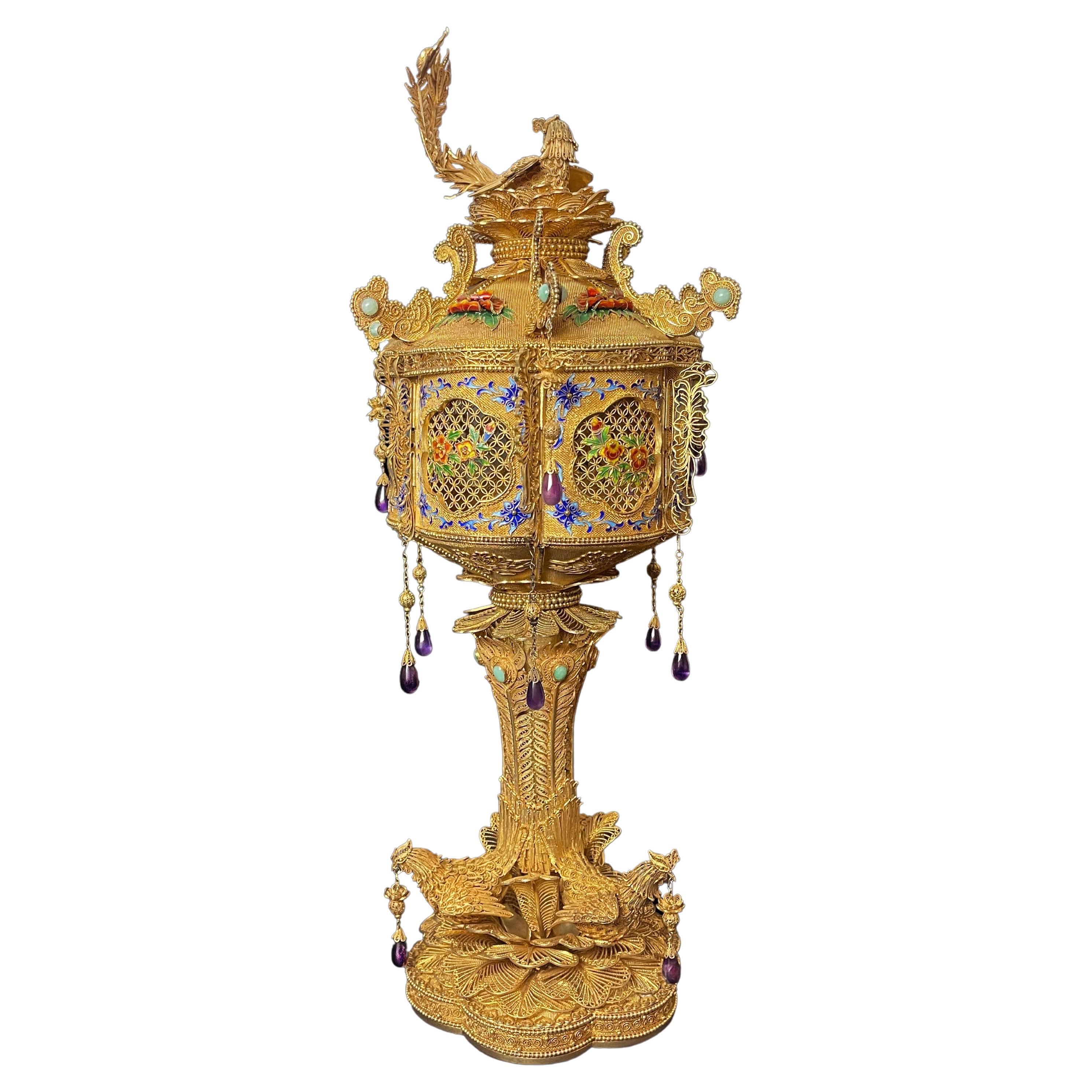 Chinese Enameled & Jeweled Gilt Silver Filigree Work Potpourri Urn, Circa 1900 For Sale