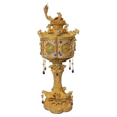 Chinese Enameled & Jeweled Gilt Silver Filigree Work Potpourri Urn, Circa 1900