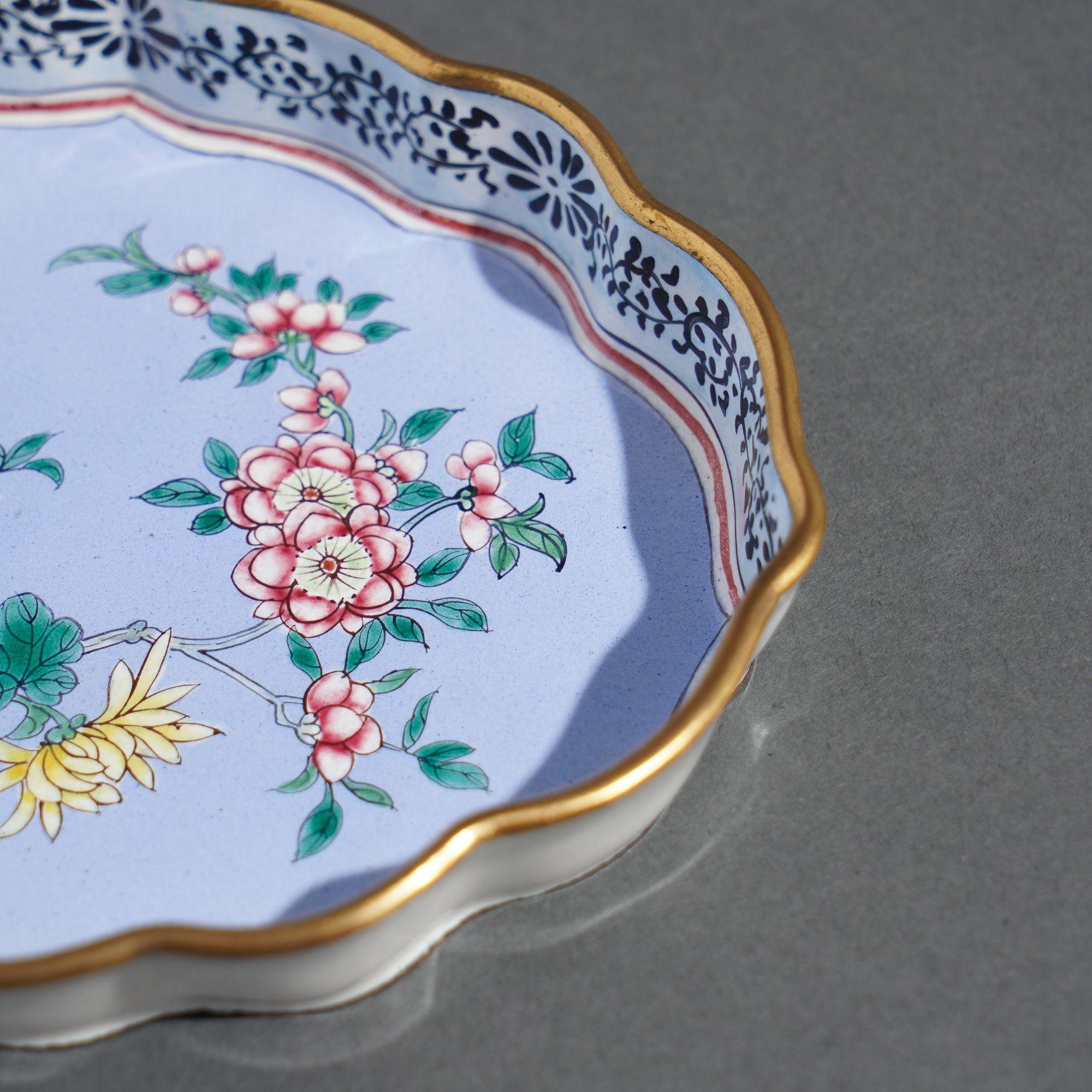 Brass Chinese enameled pin tray decorated with mums & cherry blossoms, 1950's For Sale