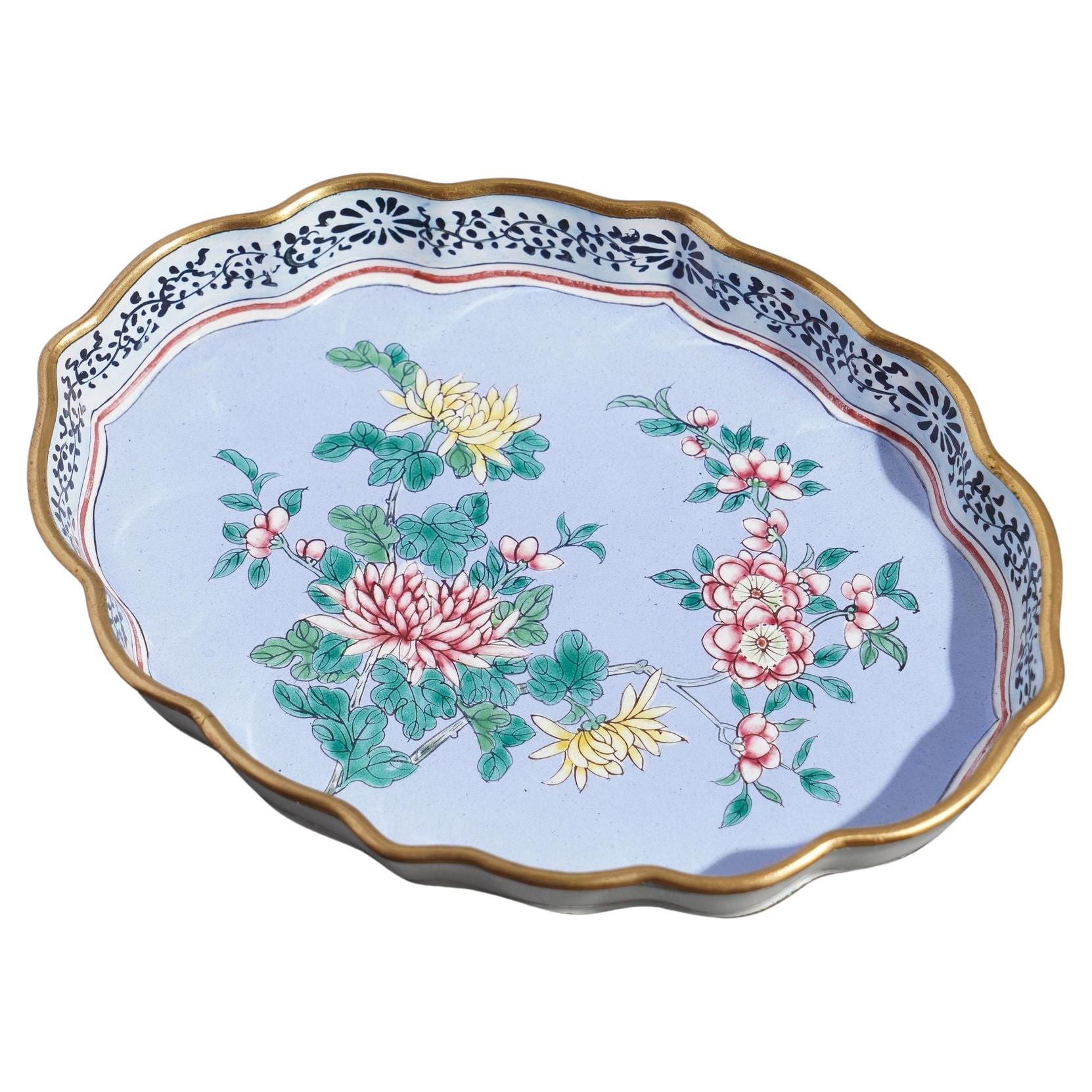 Chinese enameled pin tray decorated with mums & cherry blossoms, 1950's For Sale