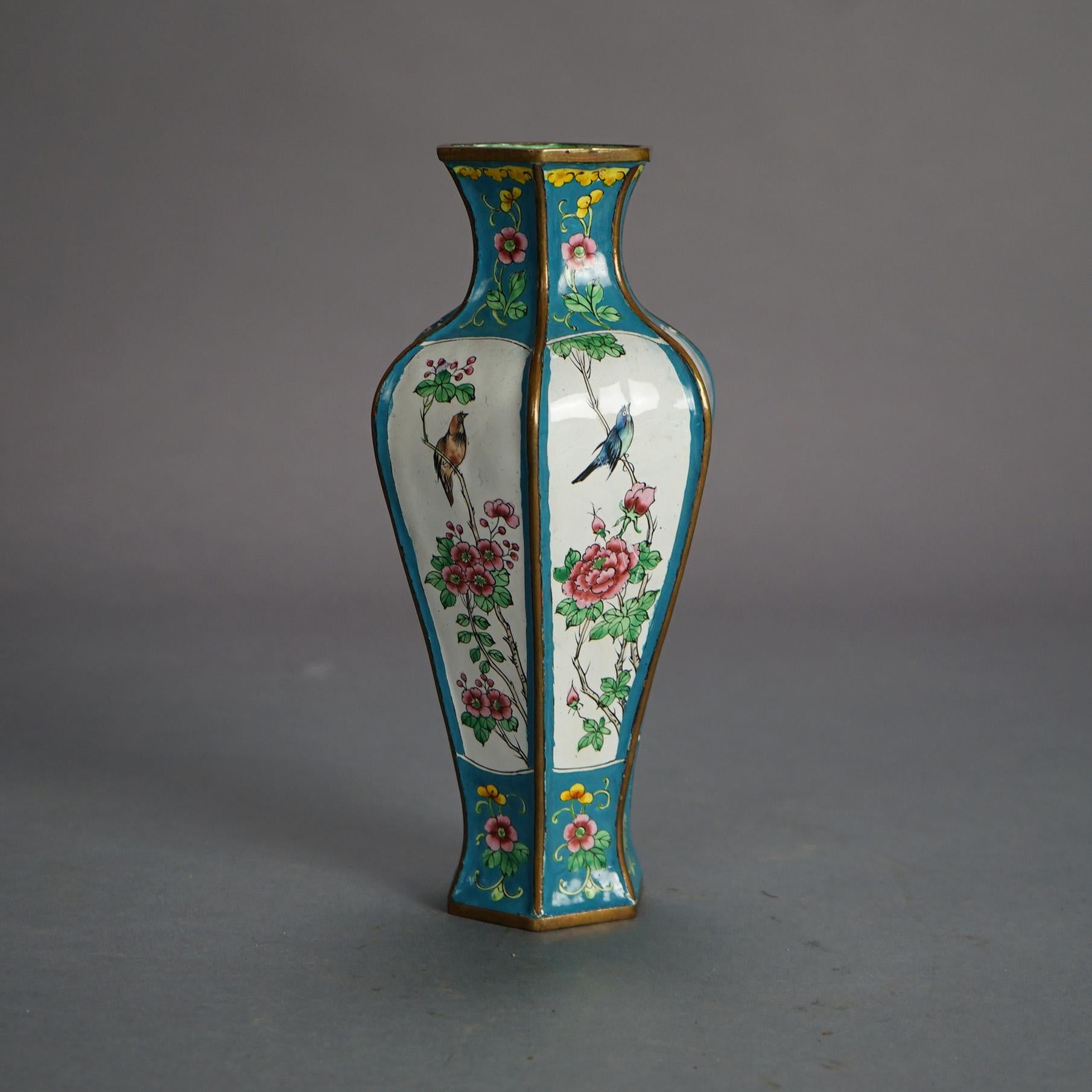 Chinese Enameled & Polychromed Garden Scene Vase with Birds 20thC In Good Condition For Sale In Big Flats, NY