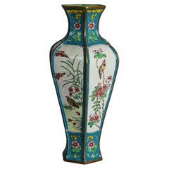 Vintage Chinese Enameled & Polychromed Garden Scene Vase with Birds 20thC