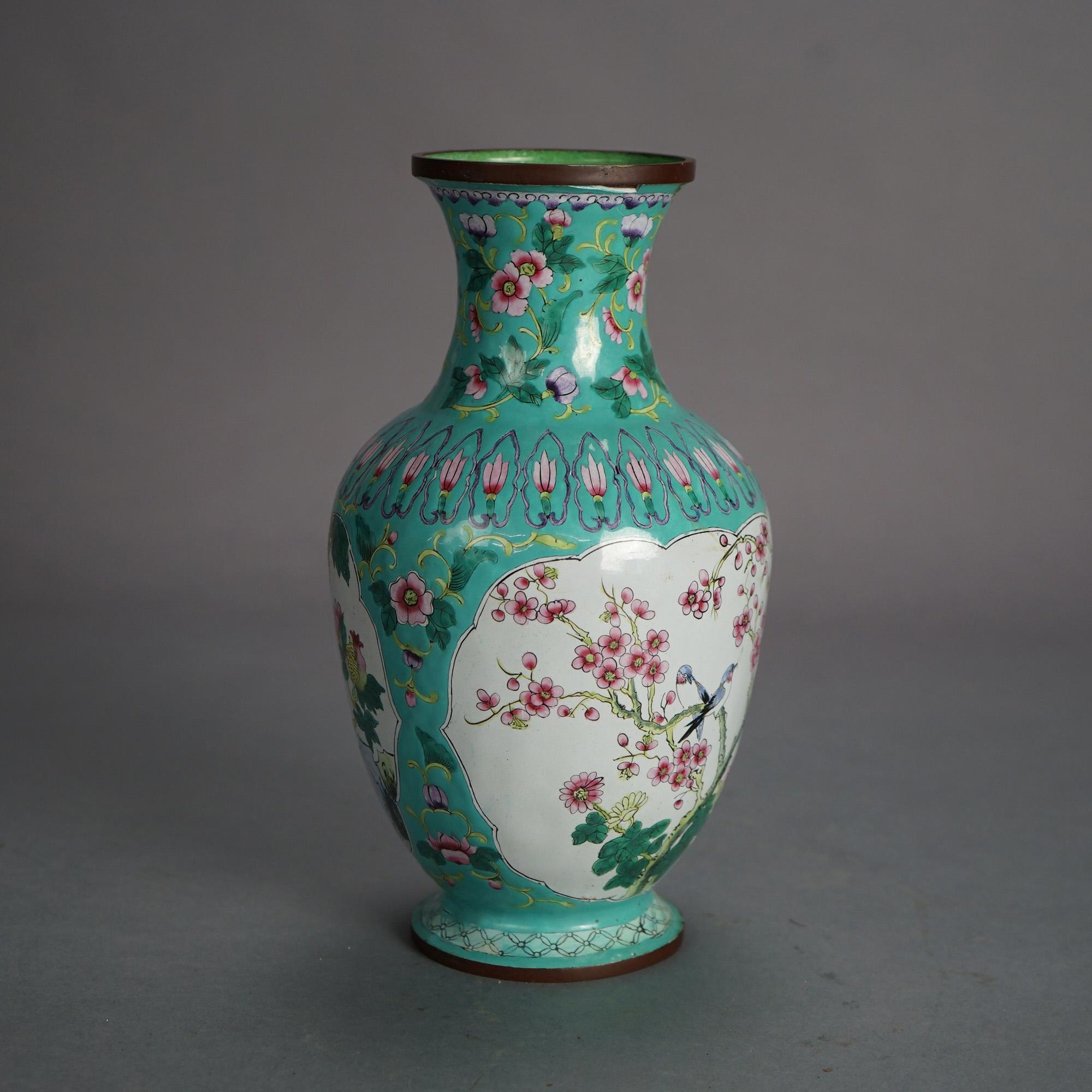 Chinese Enameled & Polychromed Vase with Garden Scene & Bird 20thC In Good Condition For Sale In Big Flats, NY