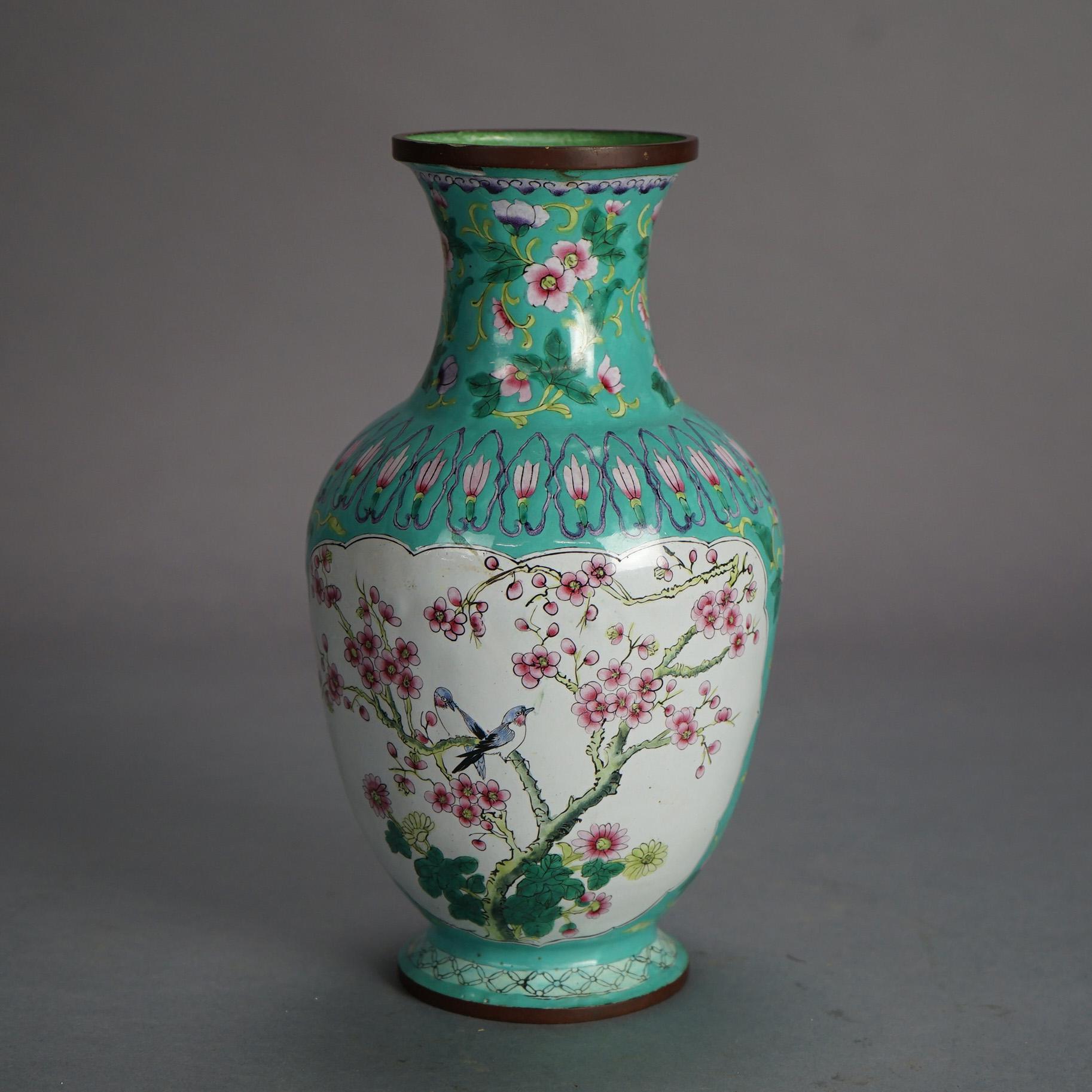 20th Century Chinese Enameled & Polychromed Vase with Garden Scene & Bird 20thC For Sale