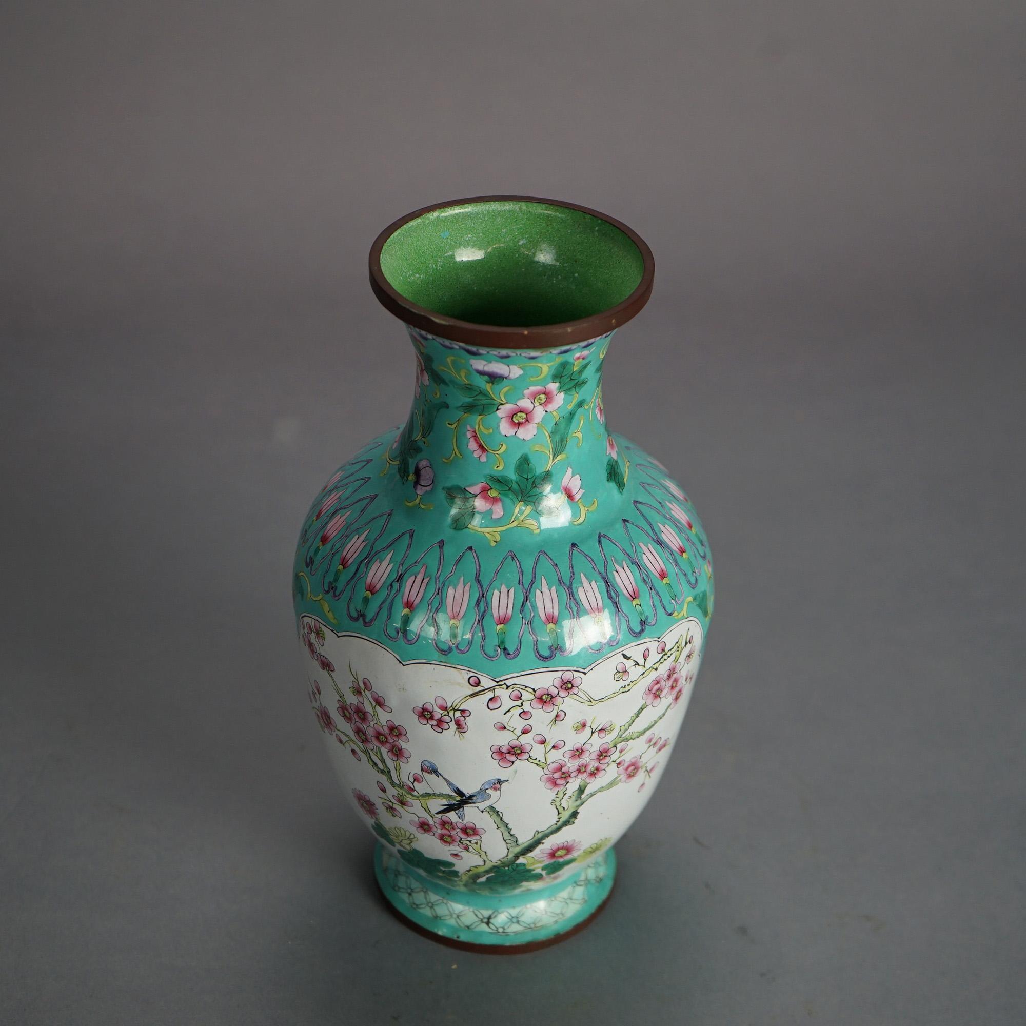 Chinese Enameled & Polychromed Vase with Garden Scene & Bird 20thC For Sale 1