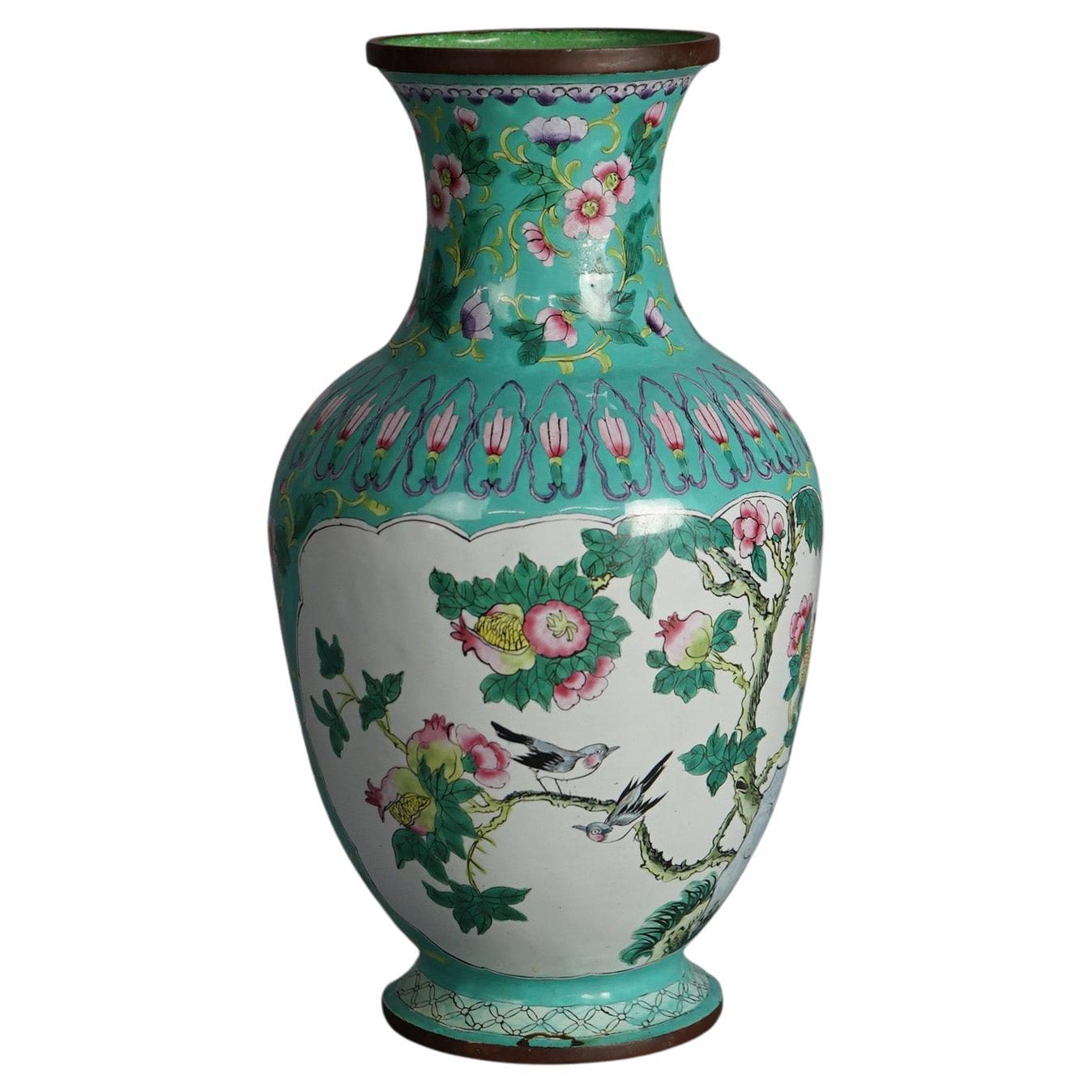 Chinese Enameled & Polychromed Vase with Garden Scene & Bird 20thC For Sale