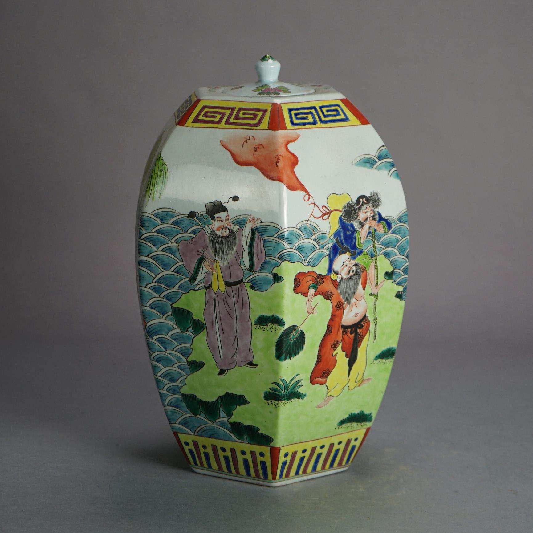 20th Century Chinese Enameled Porcelain Figural & Faceted Lidded Jar with Genre Scene 20thC For Sale