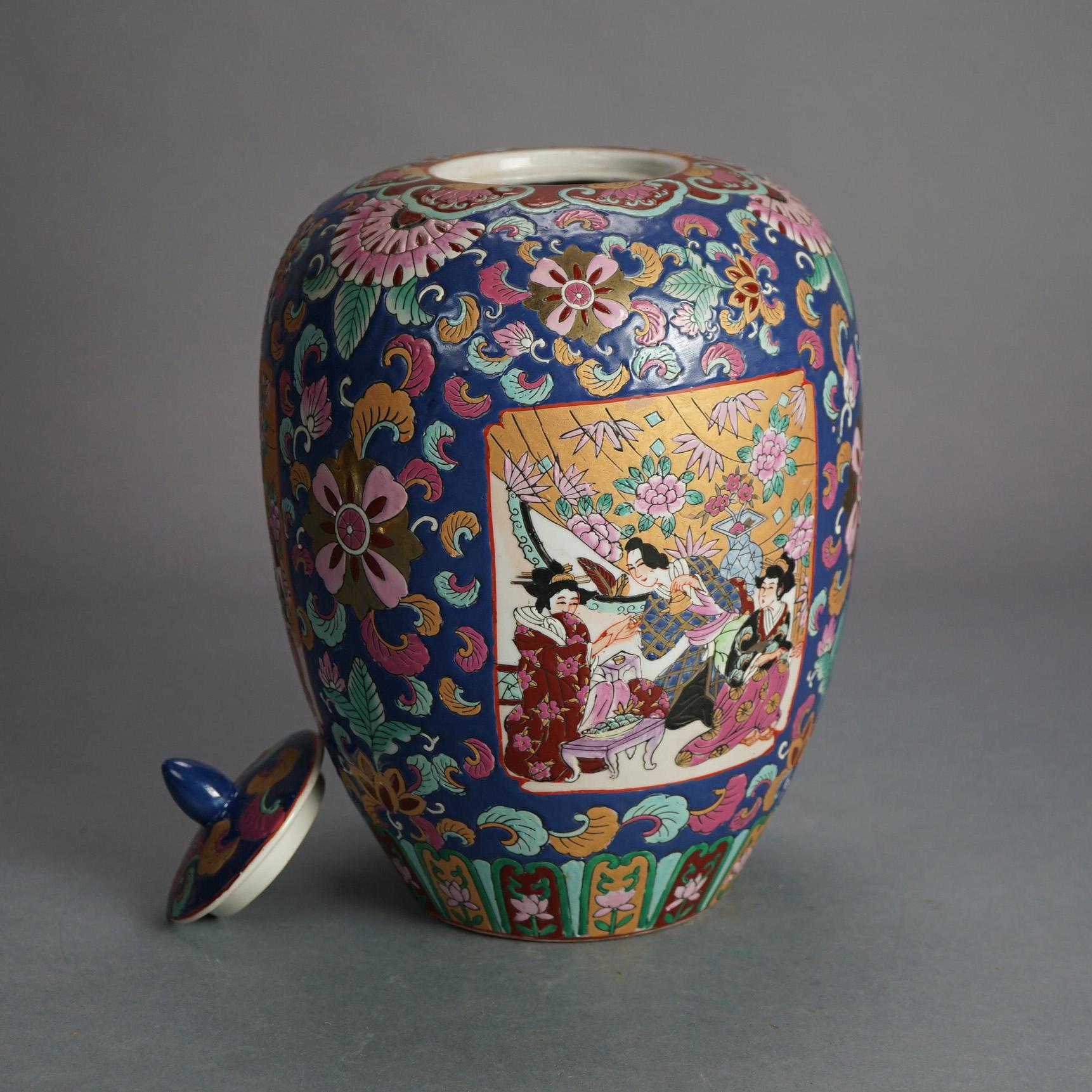 Chinese Enameled Porcelain Lidded Jar with Genre Scene & Garden Flowers 20thC In Good Condition For Sale In Big Flats, NY