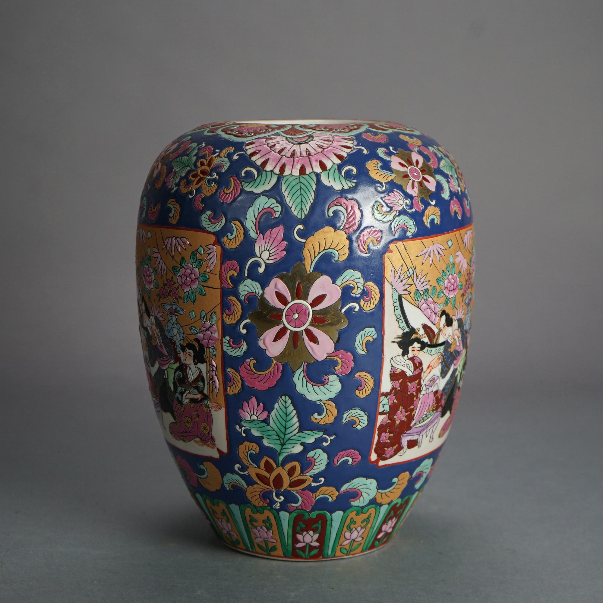 Chinese Enameled Porcelain Lidded Jar with Genre Scene & Garden Flowers 20thC For Sale 1