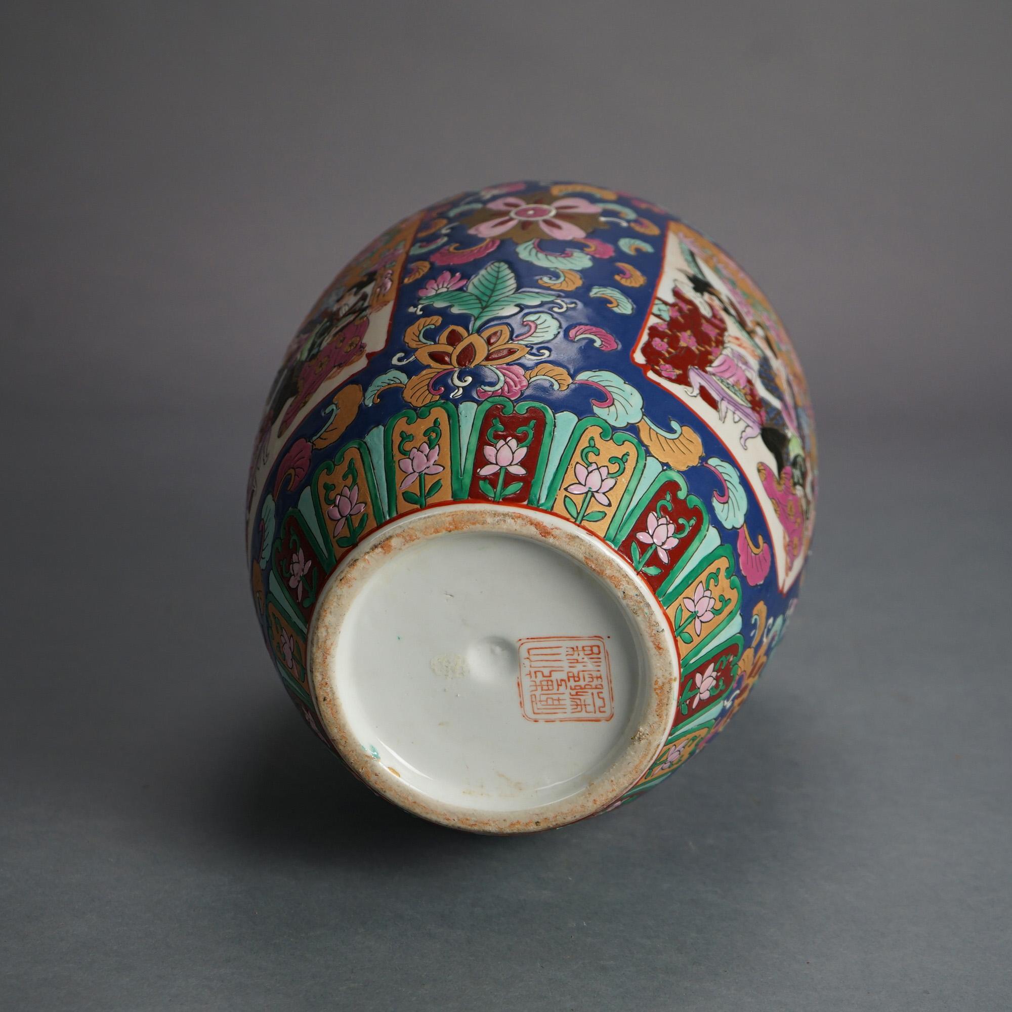 Chinese Enameled Porcelain Lidded Jar with Genre Scene & Garden Flowers 20thC For Sale 2