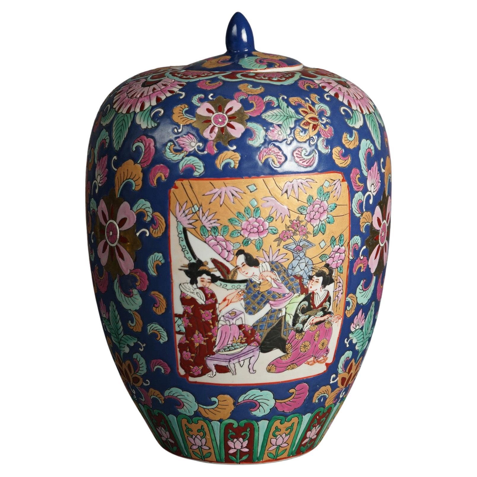 Chinese Enameled Porcelain Lidded Jar with Genre Scene & Garden Flowers 20thC For Sale
