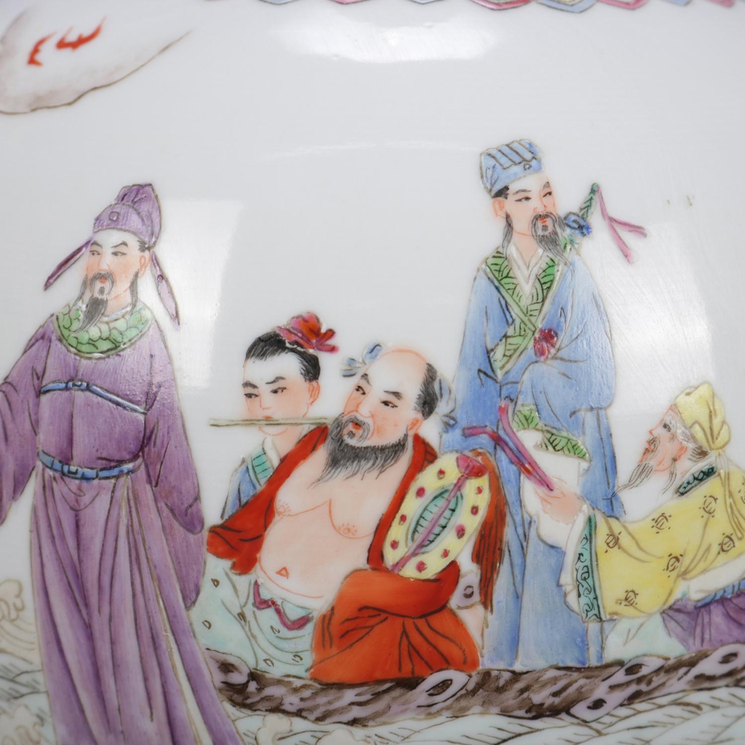 A Chinese enameled porcelain bottle vase features genre scene with figures, upper with Mun Shou lotus design, en verso chop mark verbiage, stamp signed on base, 20th century 

Measures: 13.5