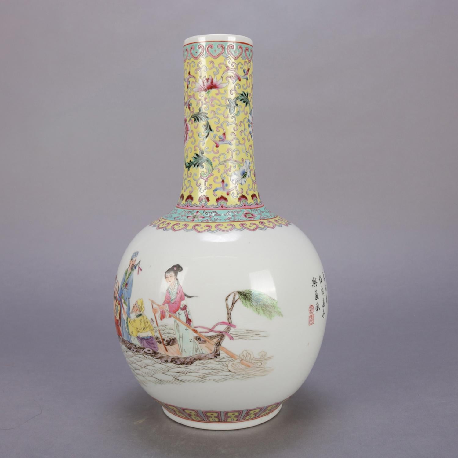 Chinese Enameled Porcelain Pictorial Vase, Chop Mark Signed and Verbiage In Good Condition In Big Flats, NY